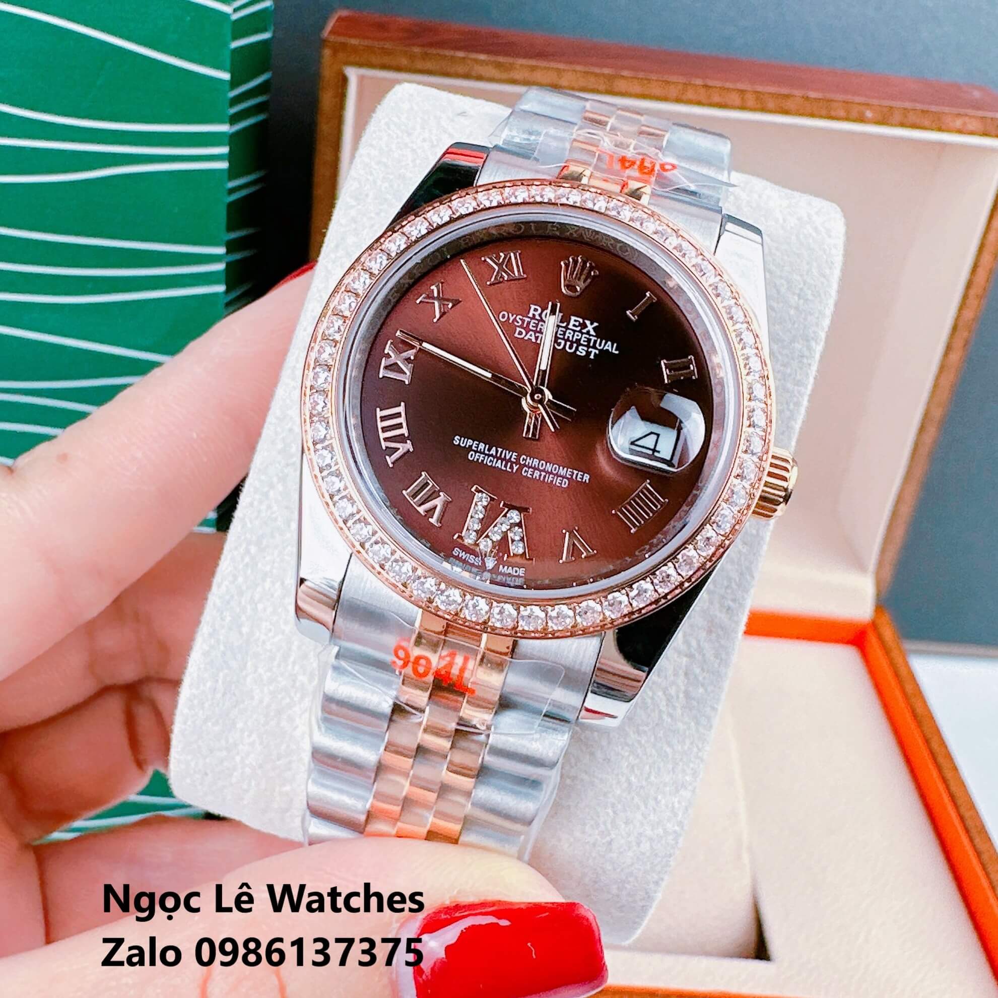 Đồng Hồ Cặp Rolex Datejust Máy Pin Demi Rose Mặt Nâu Viền Đá Size 36mm - 31mm