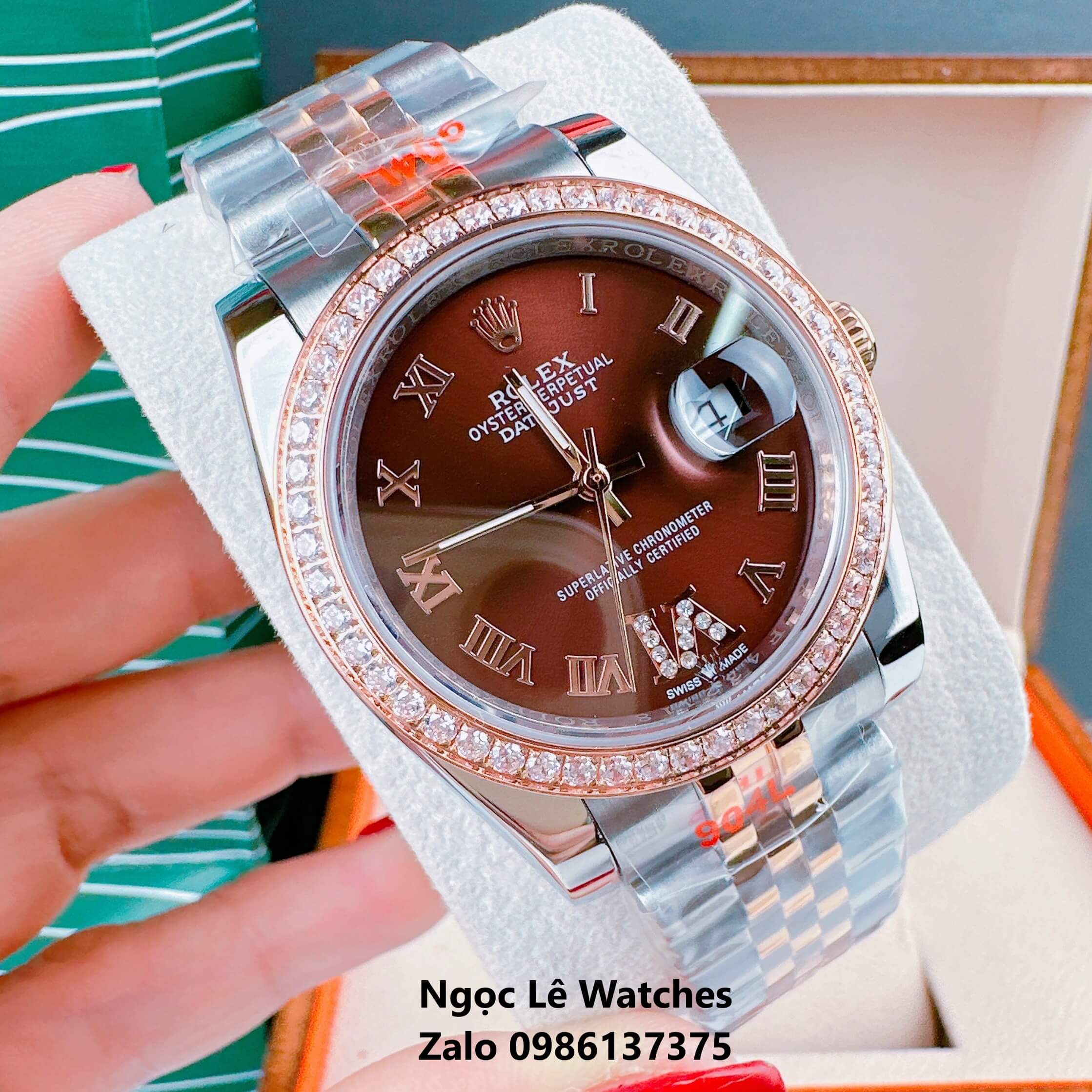 Đồng Hồ Cặp Rolex Datejust Máy Pin Demi Rose Mặt Nâu Viền Đá Size 36mm - 31mm