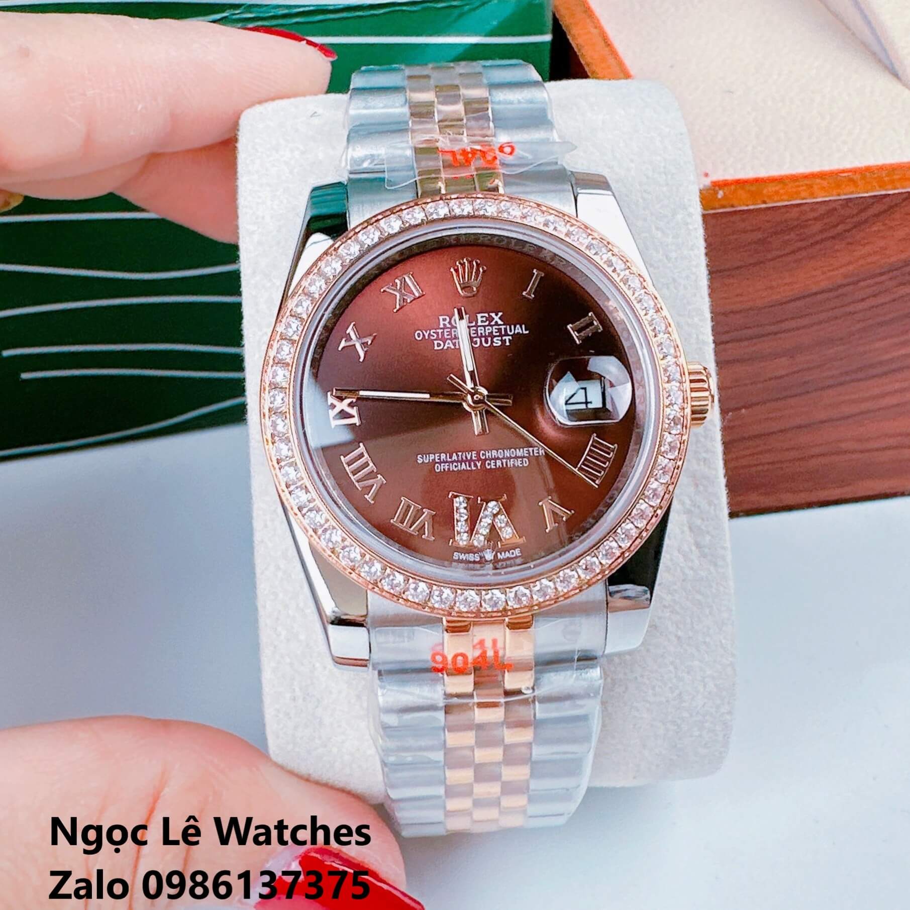 Đồng Hồ Cặp Rolex Datejust Máy Pin Demi Rose Mặt Nâu Viền Đá Size 36mm - 31mm