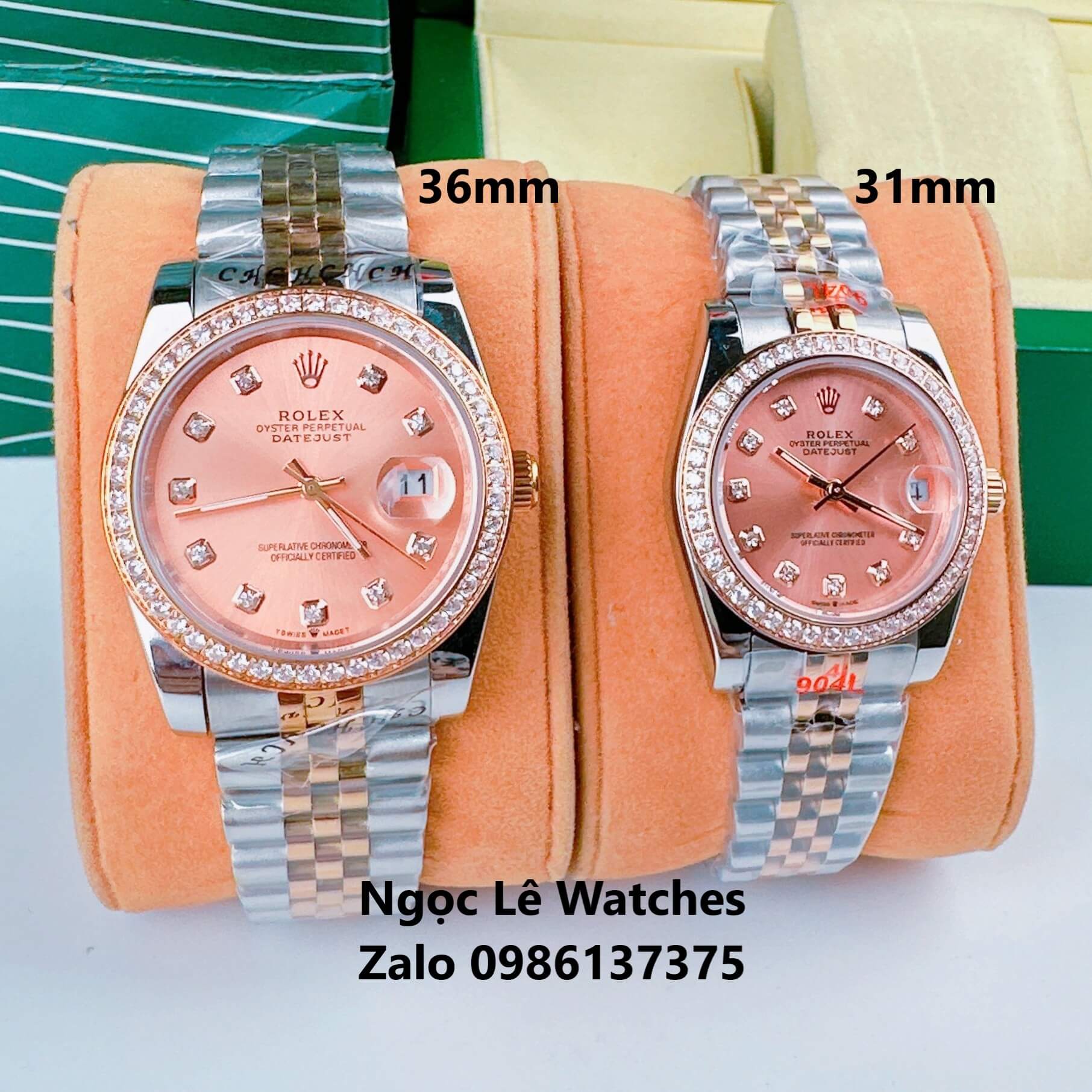 Đồng Hồ Cặp Rolex Datejust Máy Pin Demi Rose Mặt Rose Viền Đá Size 36mm - 31mm