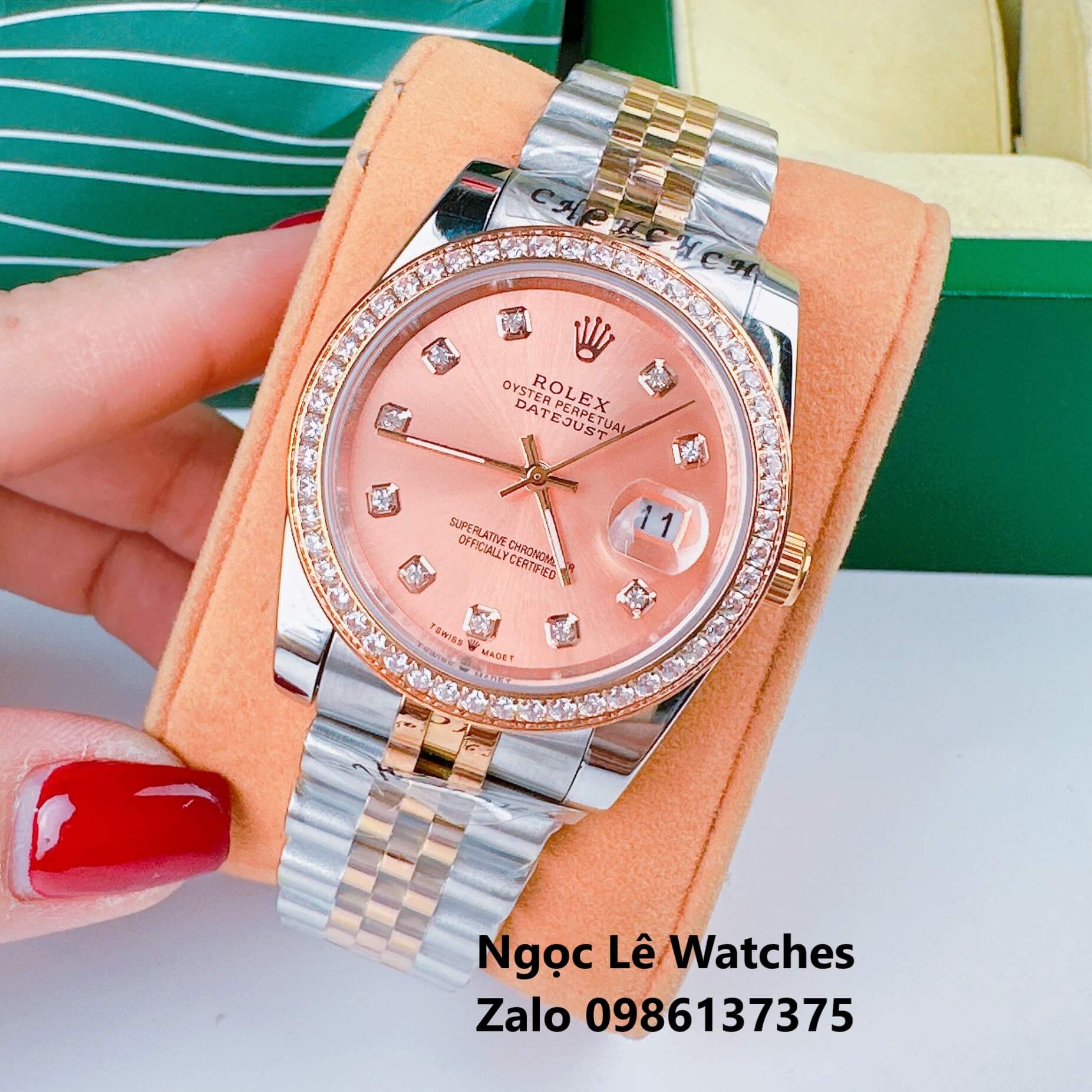 Đồng Hồ Cặp Rolex Datejust Máy Pin Demi Rose Mặt Rose Viền Đá Size 36mm - 31mm