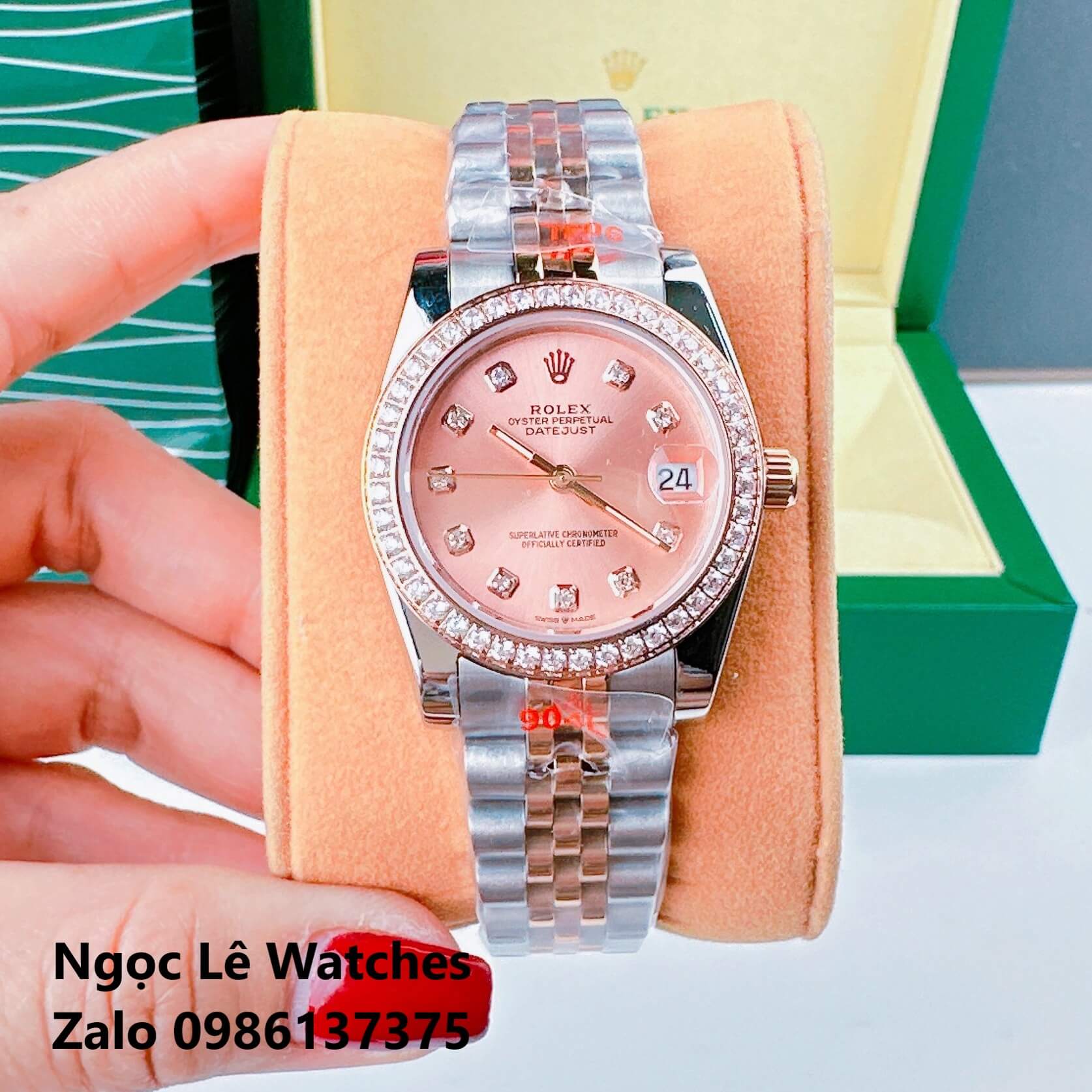 Đồng Hồ Cặp Rolex Datejust Máy Pin Demi Rose Mặt Rose Viền Đá Size 36mm - 31mm