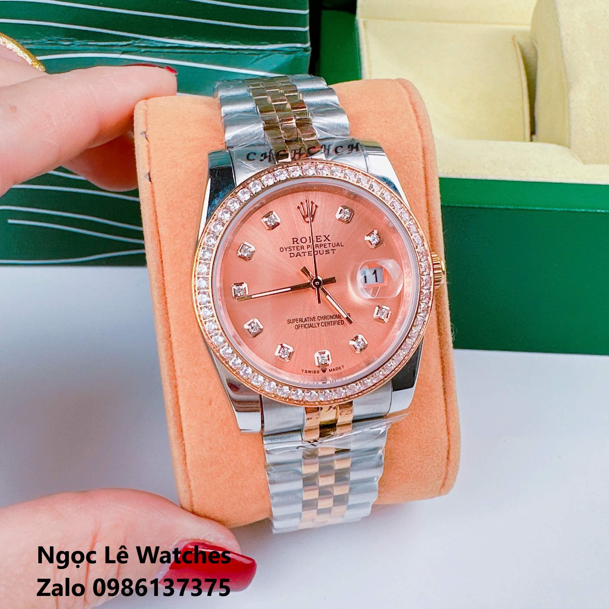 Đồng Hồ Cặp Rolex Datejust Máy Pin Demi Rose Mặt Rose Viền Đá Size 36mm - 31mm