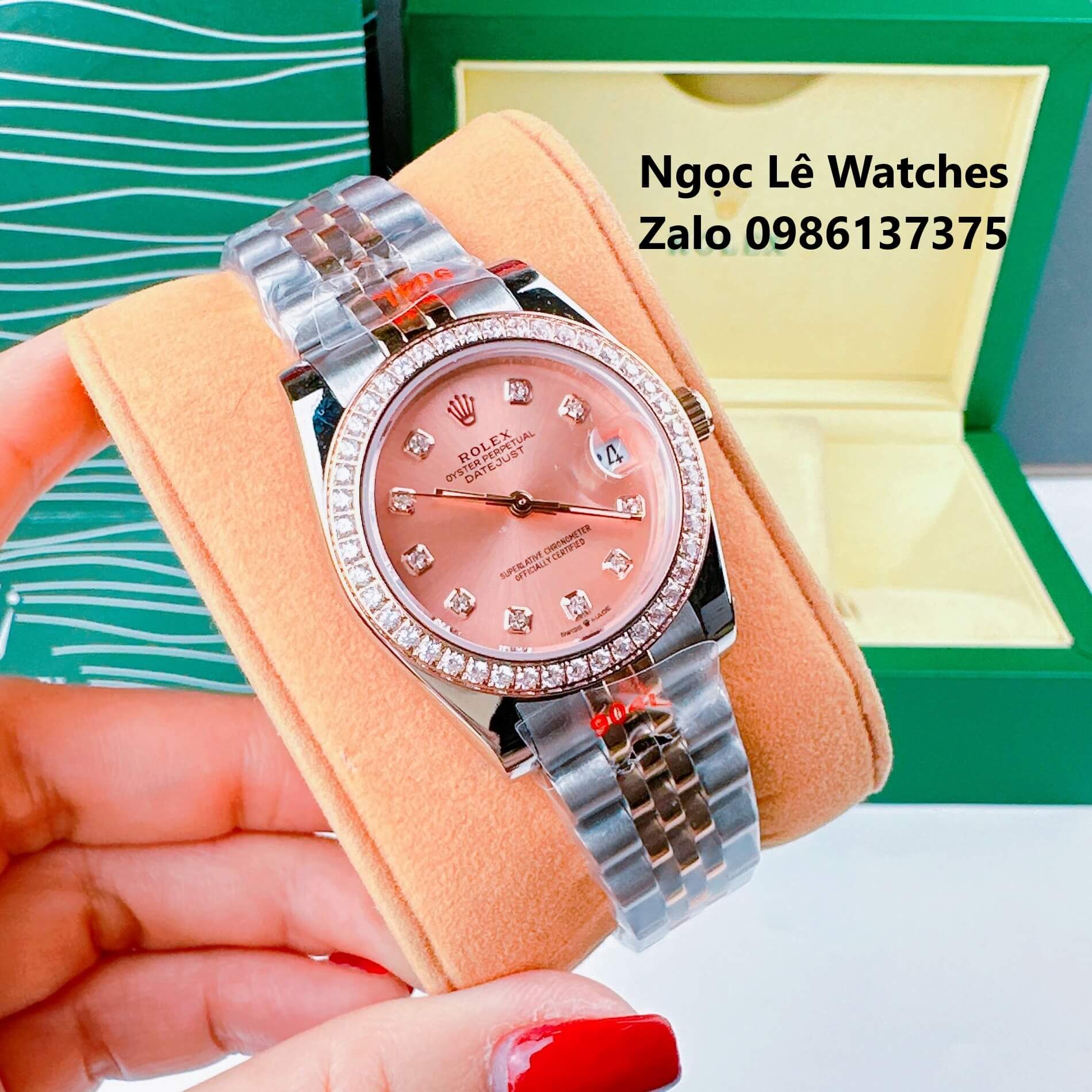 Đồng Hồ Cặp Rolex Datejust Máy Pin Demi Rose Mặt Rose Viền Đá Size 36mm - 31mm