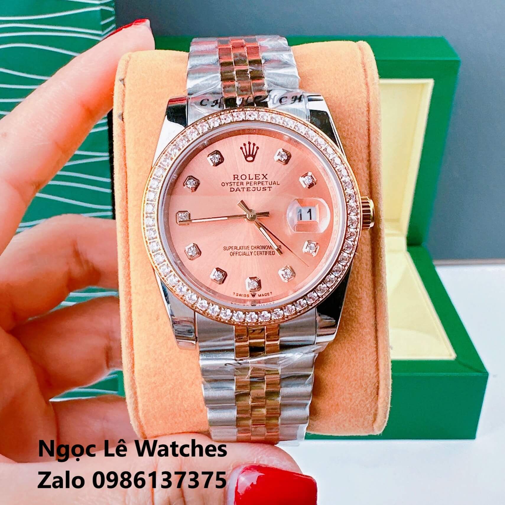 Đồng Hồ Cặp Rolex Datejust Máy Pin Demi Rose Mặt Rose Viền Đá Size 36mm - 31mm