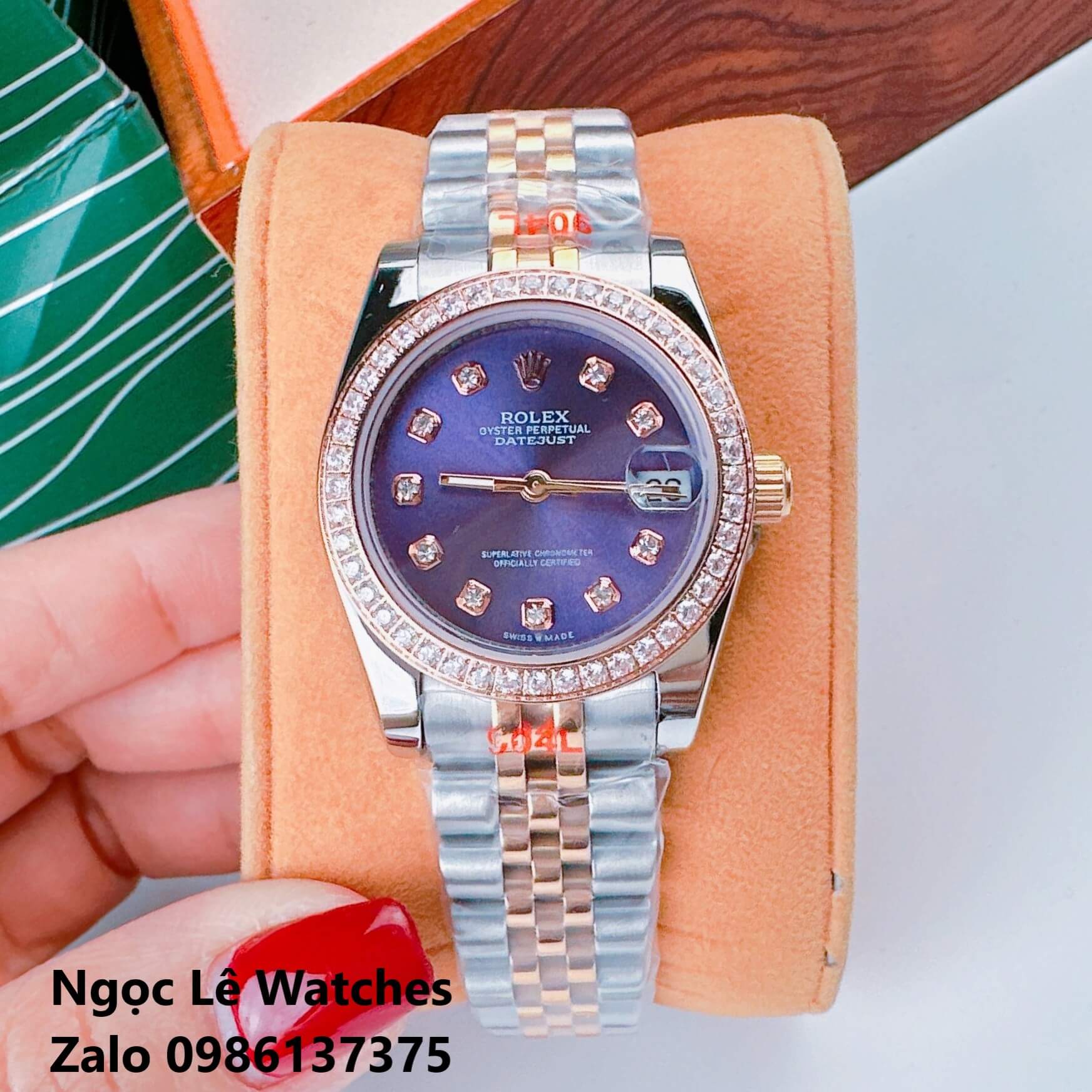 Đồng Hồ Cặp Rolex Datejust Máy Pin Demi Rose Mặt Tím Viền Đá Size 36mm - 31mm
