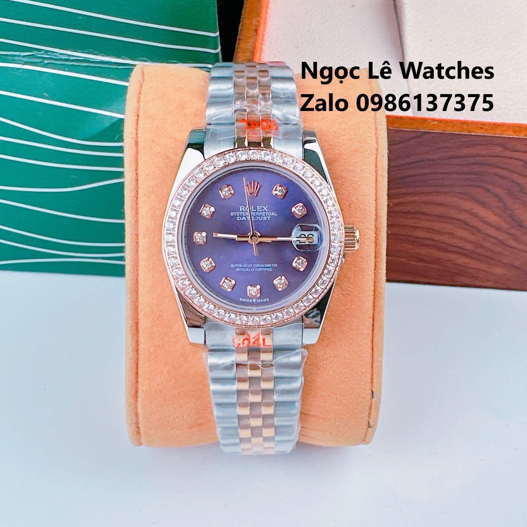 Đồng Hồ Cặp Rolex Datejust Máy Pin Demi Rose Mặt Tím Viền Đá Size 36mm - 31mm