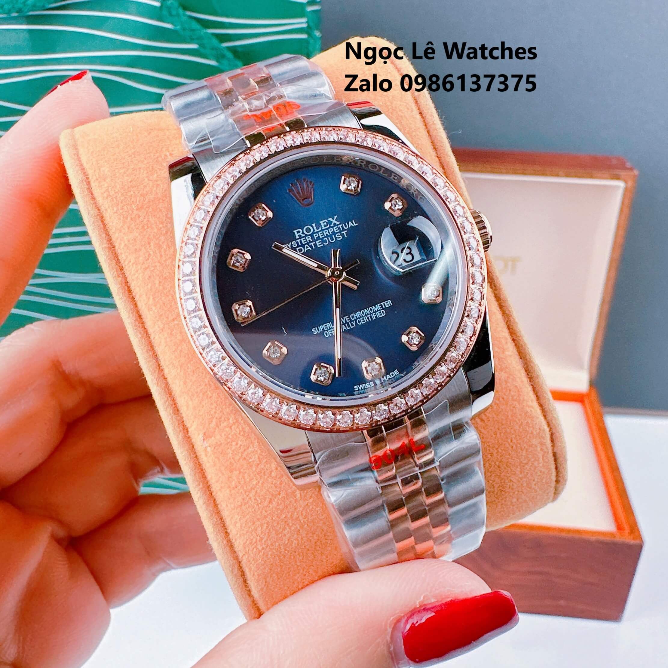 Đồng Hồ Cặp Rolex Datejust Máy Pin Demi Rose Mặt Tím Viền Đá Size 36mm - 31mm