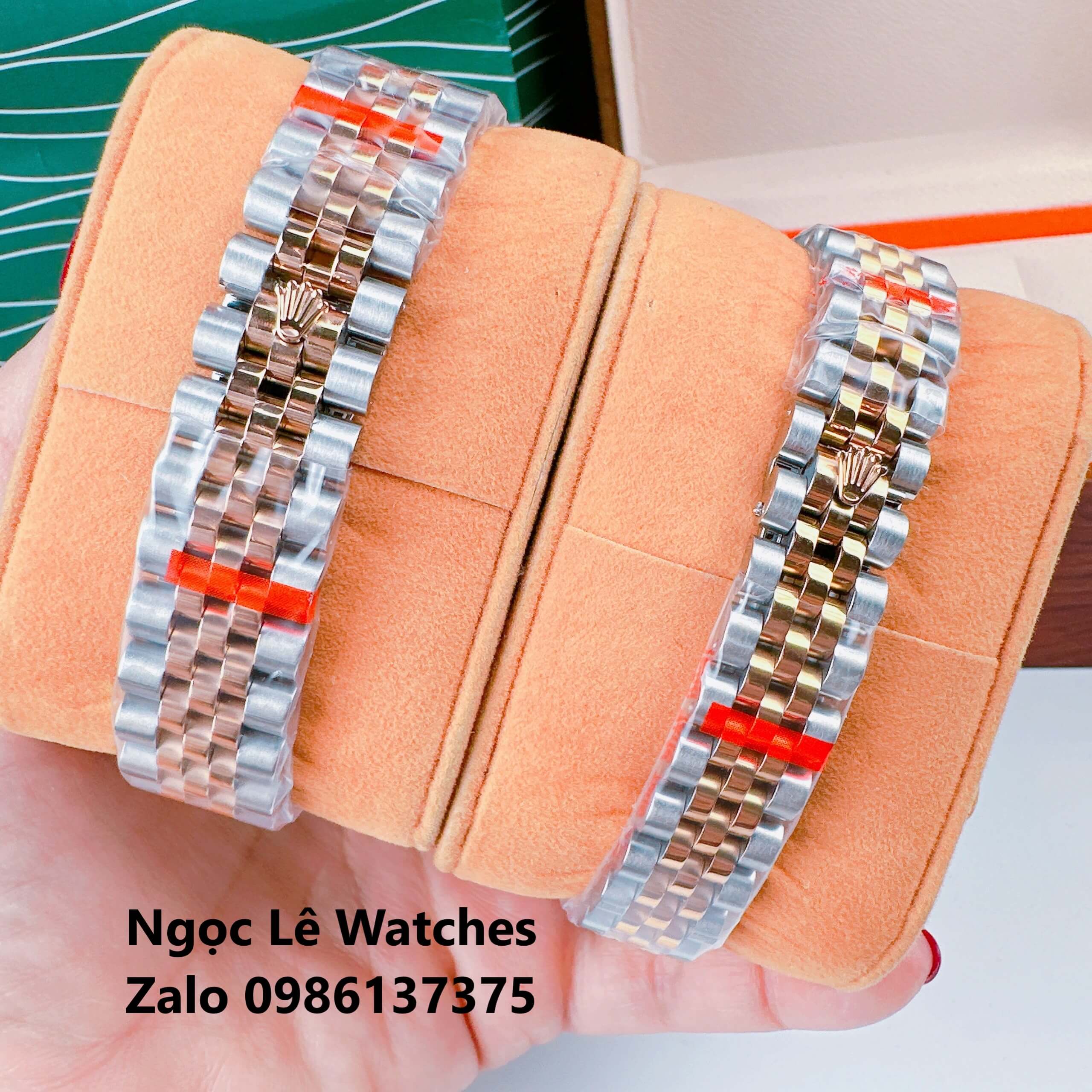 Đồng Hồ Cặp Rolex Datejust Máy Pin Demi Rose Gold Mặt Nâu Viền Đá Size 36mm - 31mm