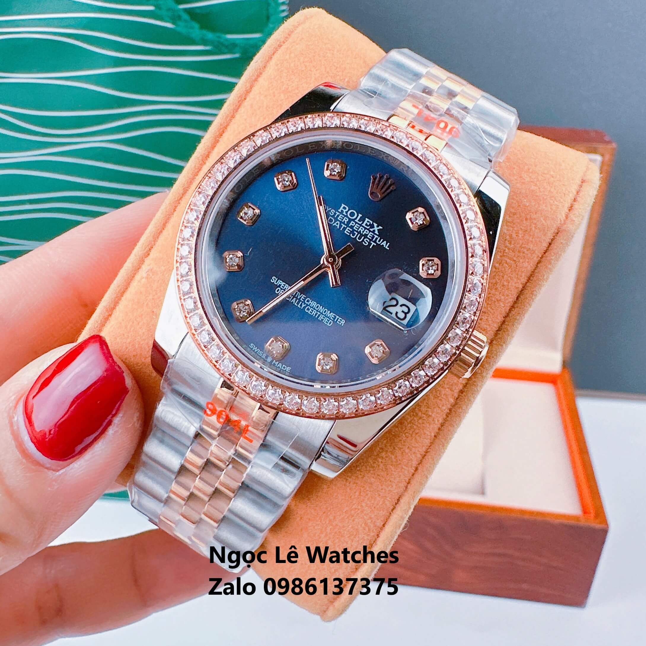 Đồng Hồ Cặp Rolex Datejust Máy Pin Demi Rose Mặt Tím Viền Đá Size 36mm - 31mm