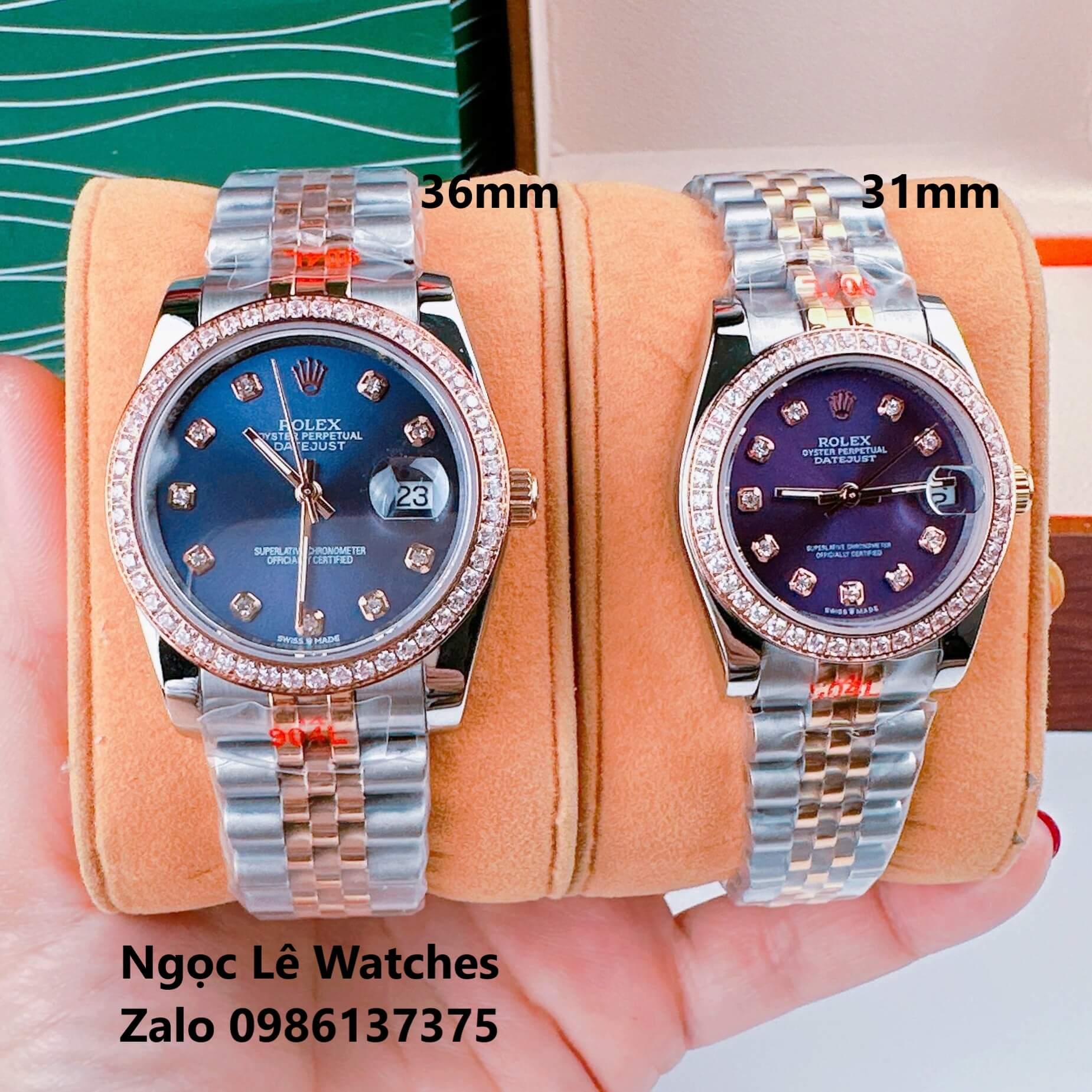 Đồng Hồ Cặp Rolex Datejust Máy Pin Demi Rose Mặt Tím Viền Đá Size 36mm - 31mm