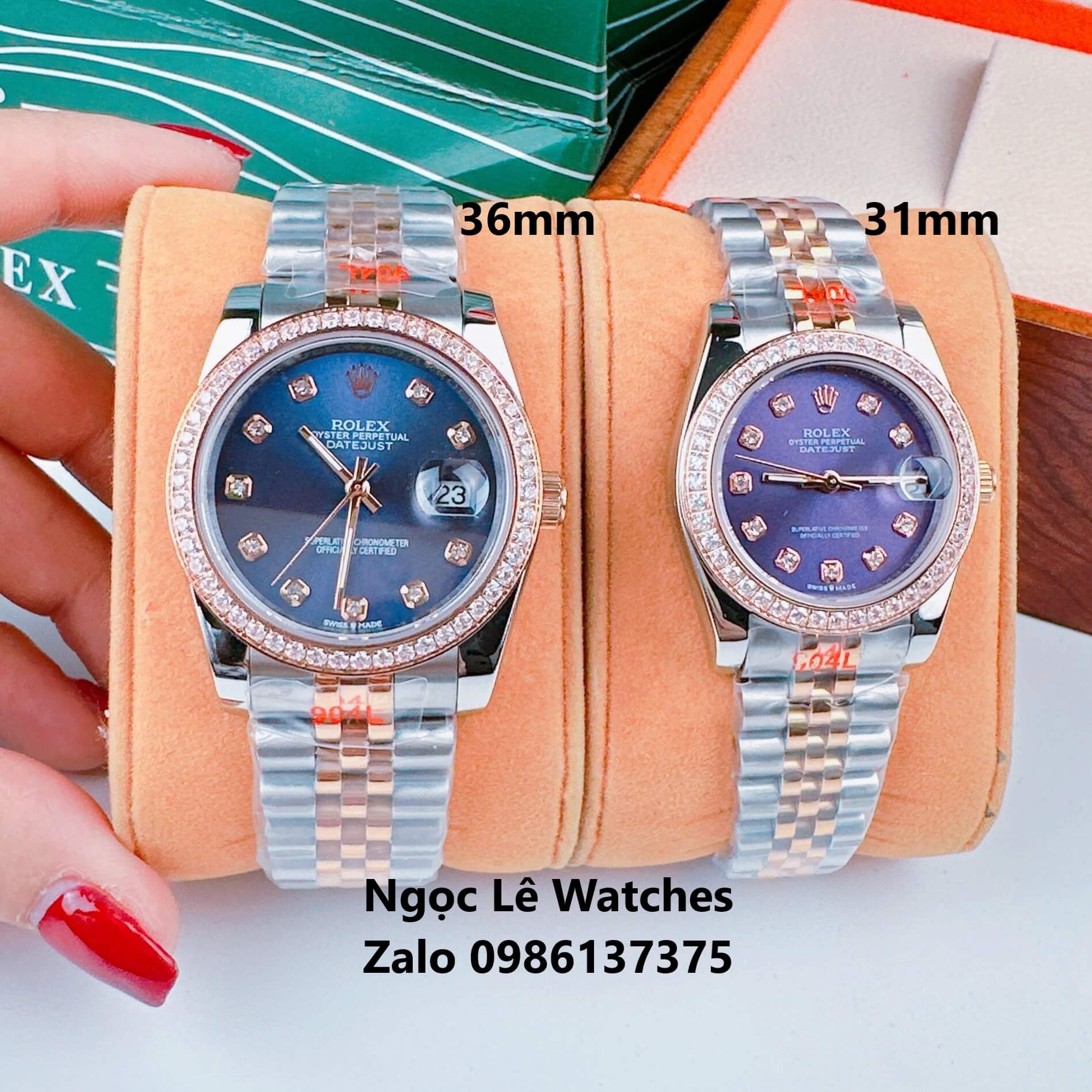 Đồng Hồ Cặp Rolex Datejust Máy Pin Demi Rose Mặt Tím Viền Đá Size 36mm - 31mm