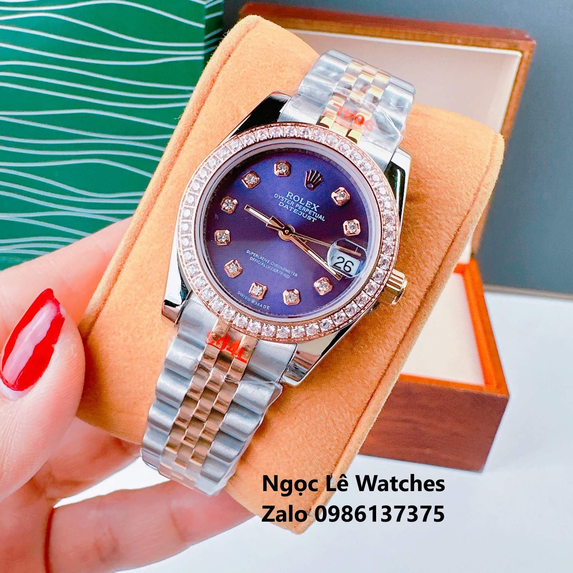 Đồng Hồ Cặp Rolex Datejust Máy Pin Demi Rose Mặt Tím Viền Đá Size 36mm - 31mm