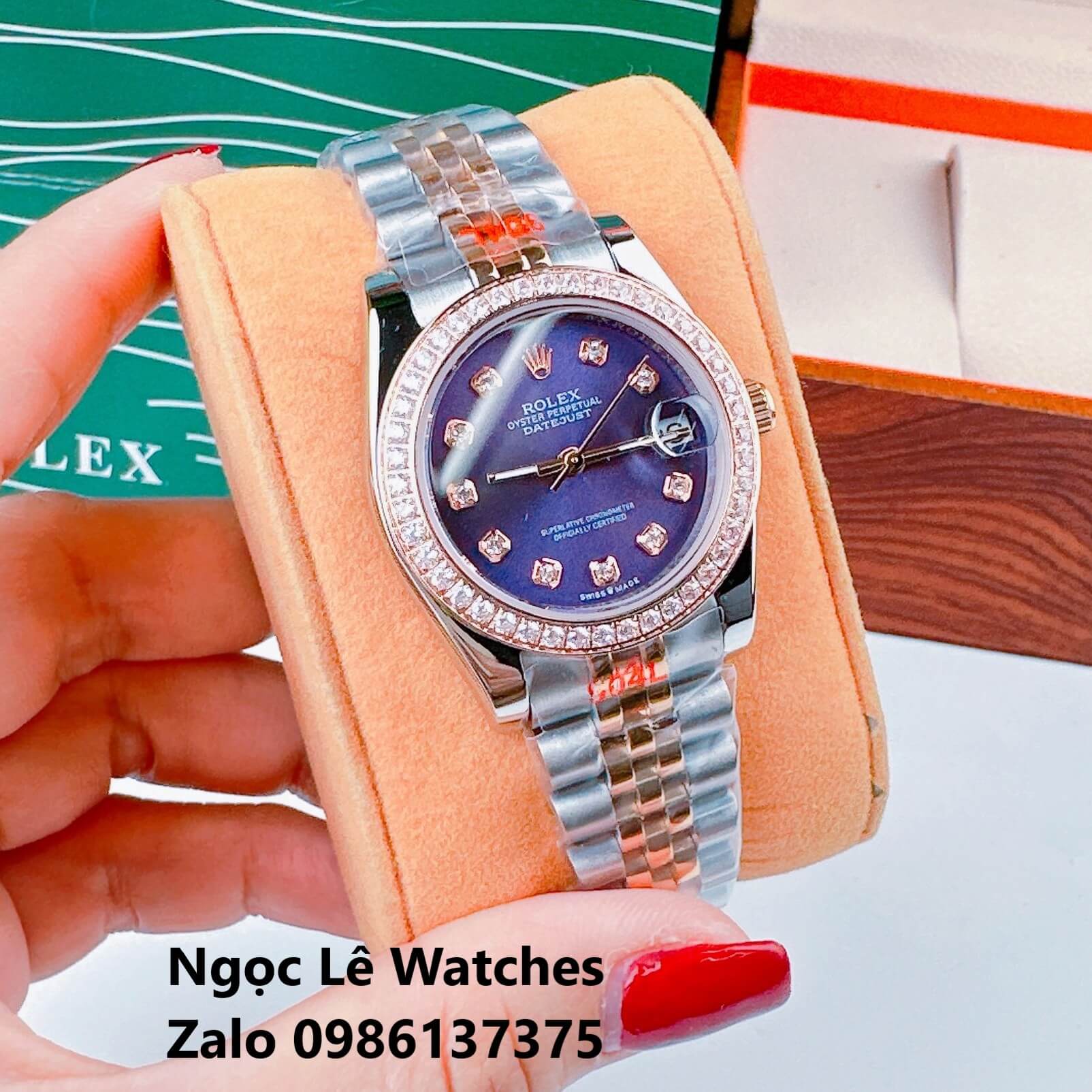 Đồng Hồ Cặp Rolex Datejust Máy Pin Demi Rose Mặt Tím Viền Đá Size 36mm - 31mm