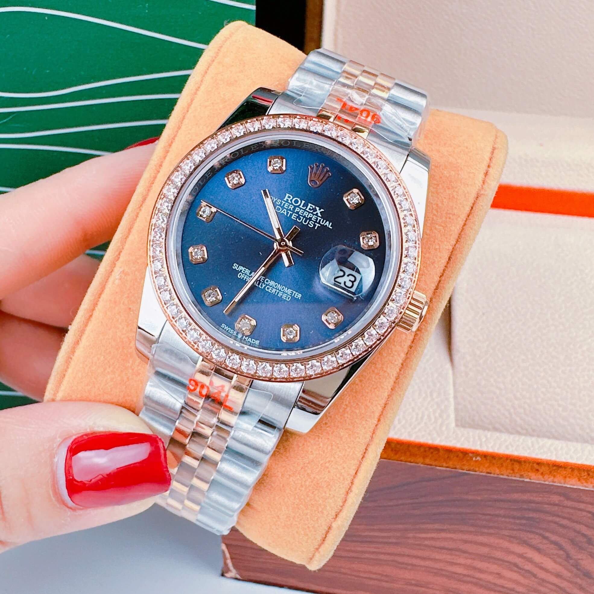 Đồng Hồ Cặp Rolex Datejust Máy Pin Demi Rose Mặt Tím Viền Đá Size 36mm - 31mm