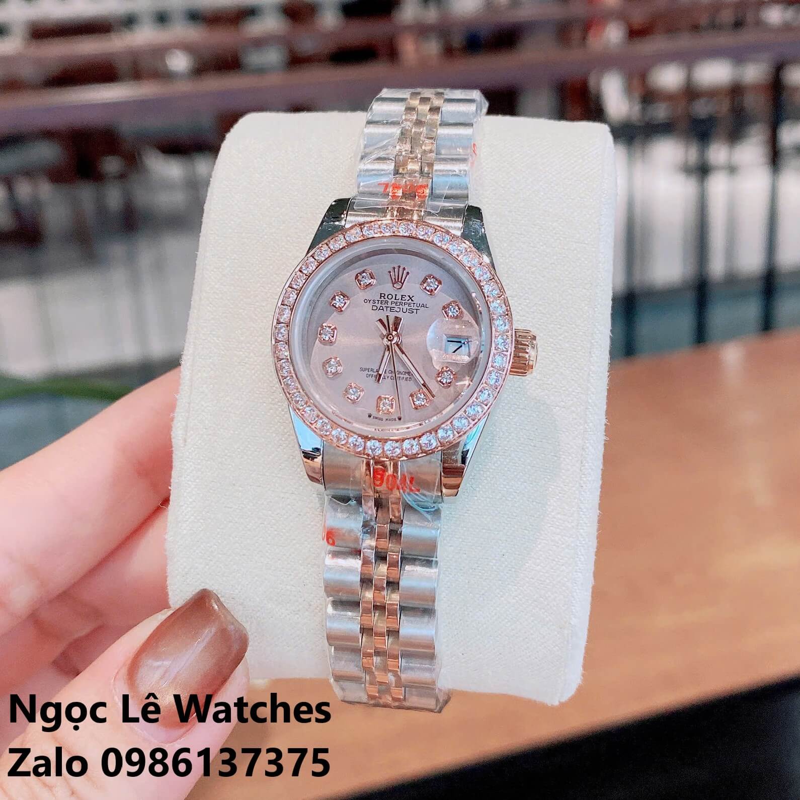Đồng Hồ Cặp Rolex Datejust Máy Pin Nam Nữ Màu Demi Rose Viền Đá Size 41mm-28mm