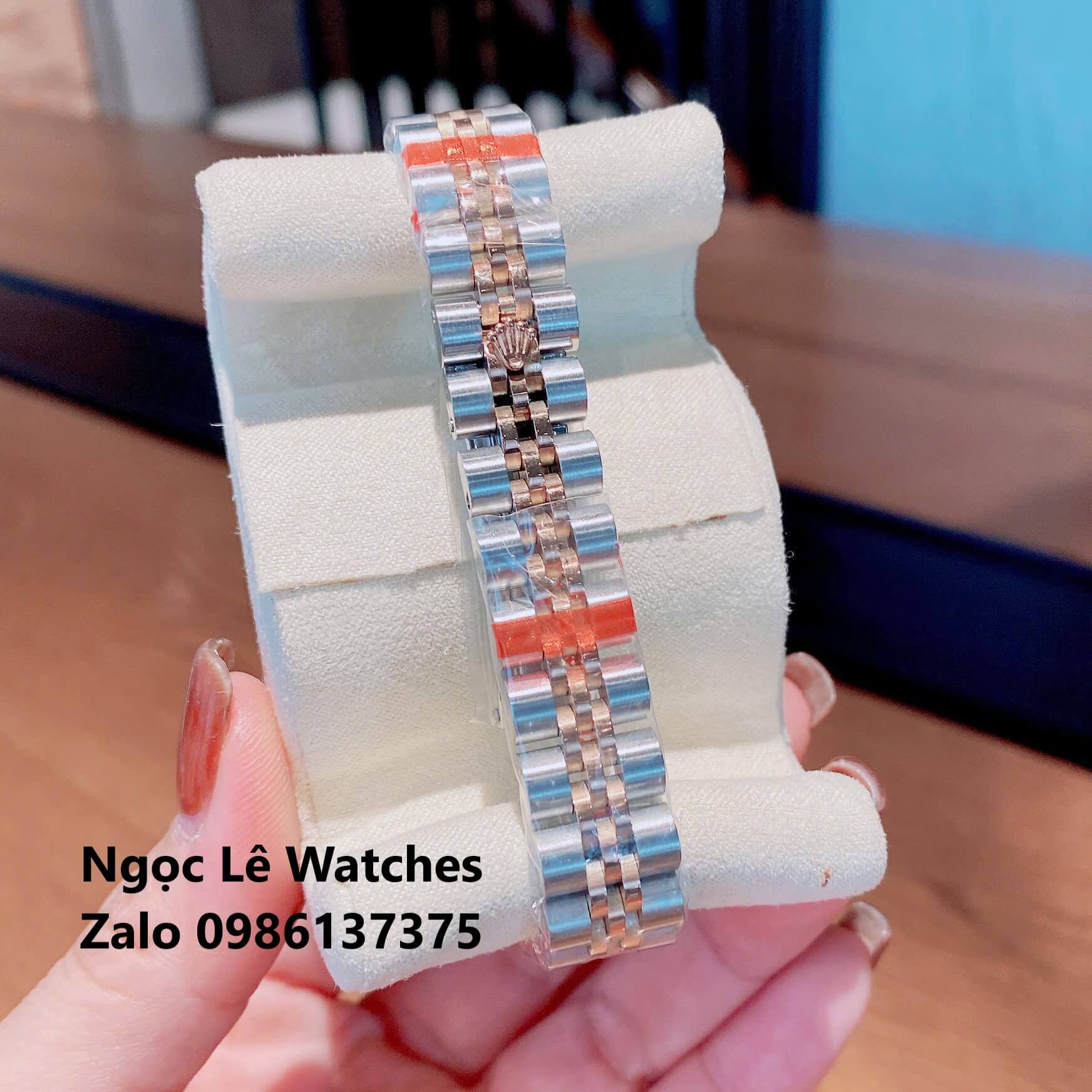 Đồng Hồ Cặp Rolex Datejust Máy Pin Nam Nữ Màu Demi Rose Viền Khía Size 41mm-28mm