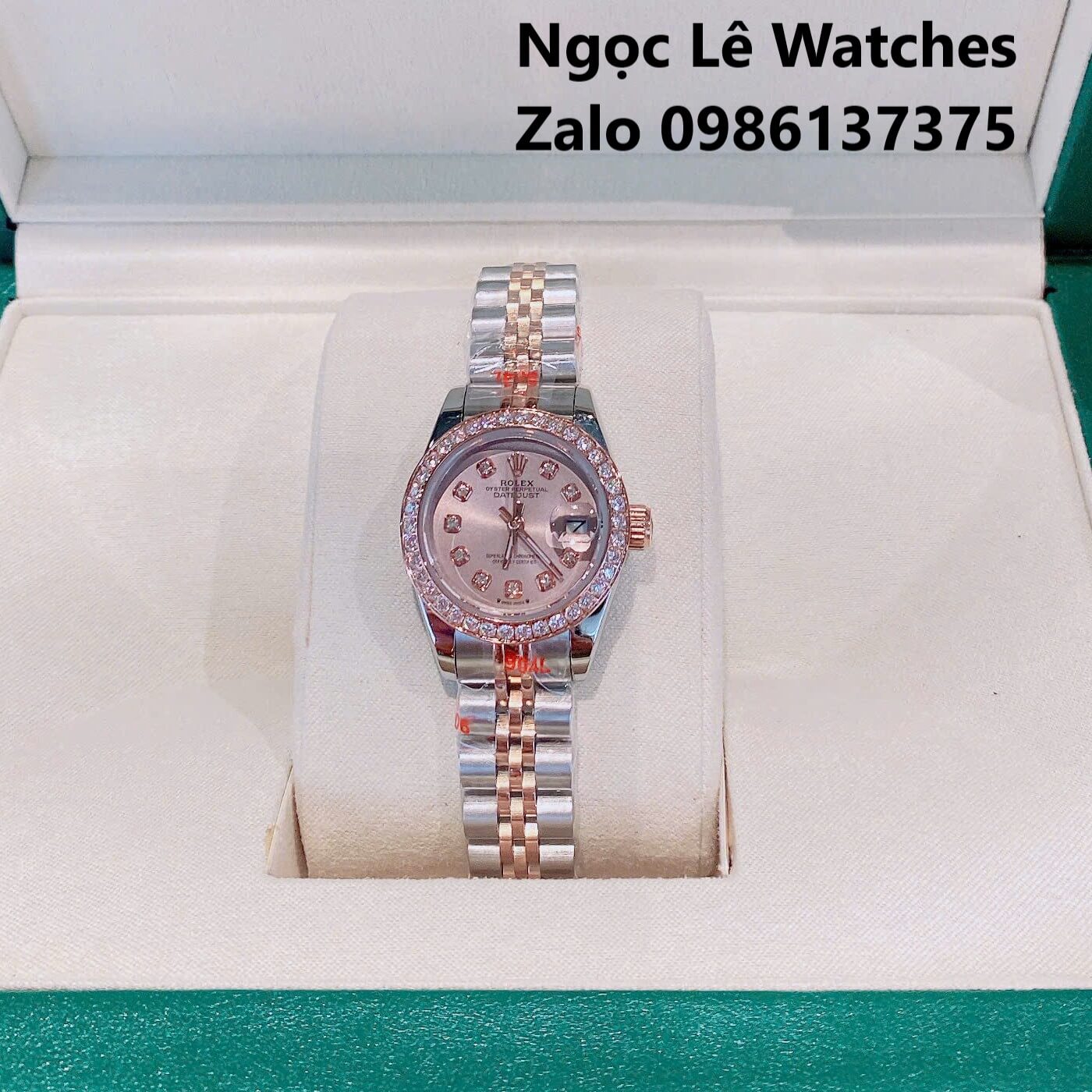 Đồng Hồ Cặp Rolex Datejust Máy Pin Nam Nữ Màu Demi Rose Viền Đá Size 41mm-28mm