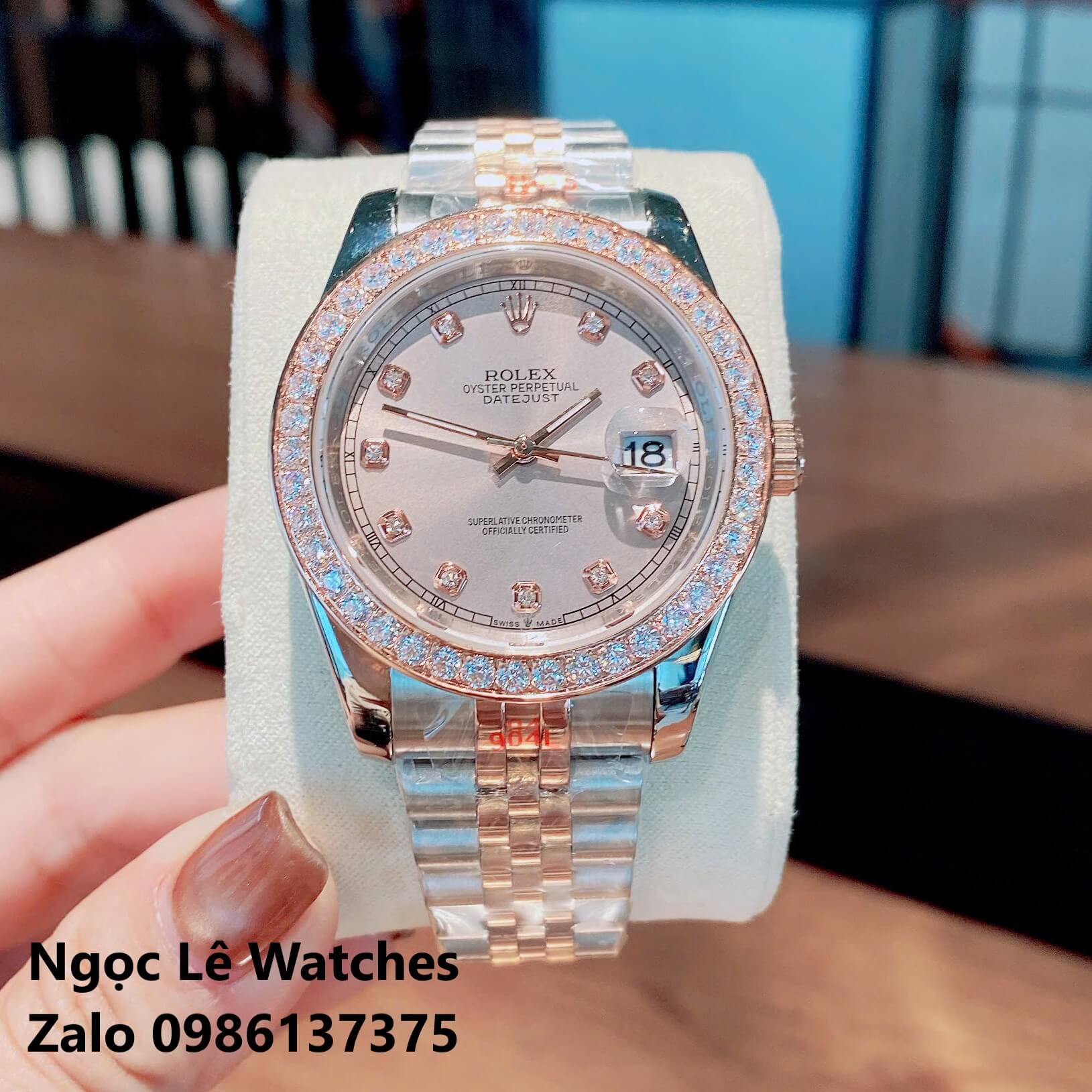 Đồng Hồ Cặp Rolex Datejust Máy Pin Nam Nữ Màu Demi Rose Viền Đá Size 41mm-28mm