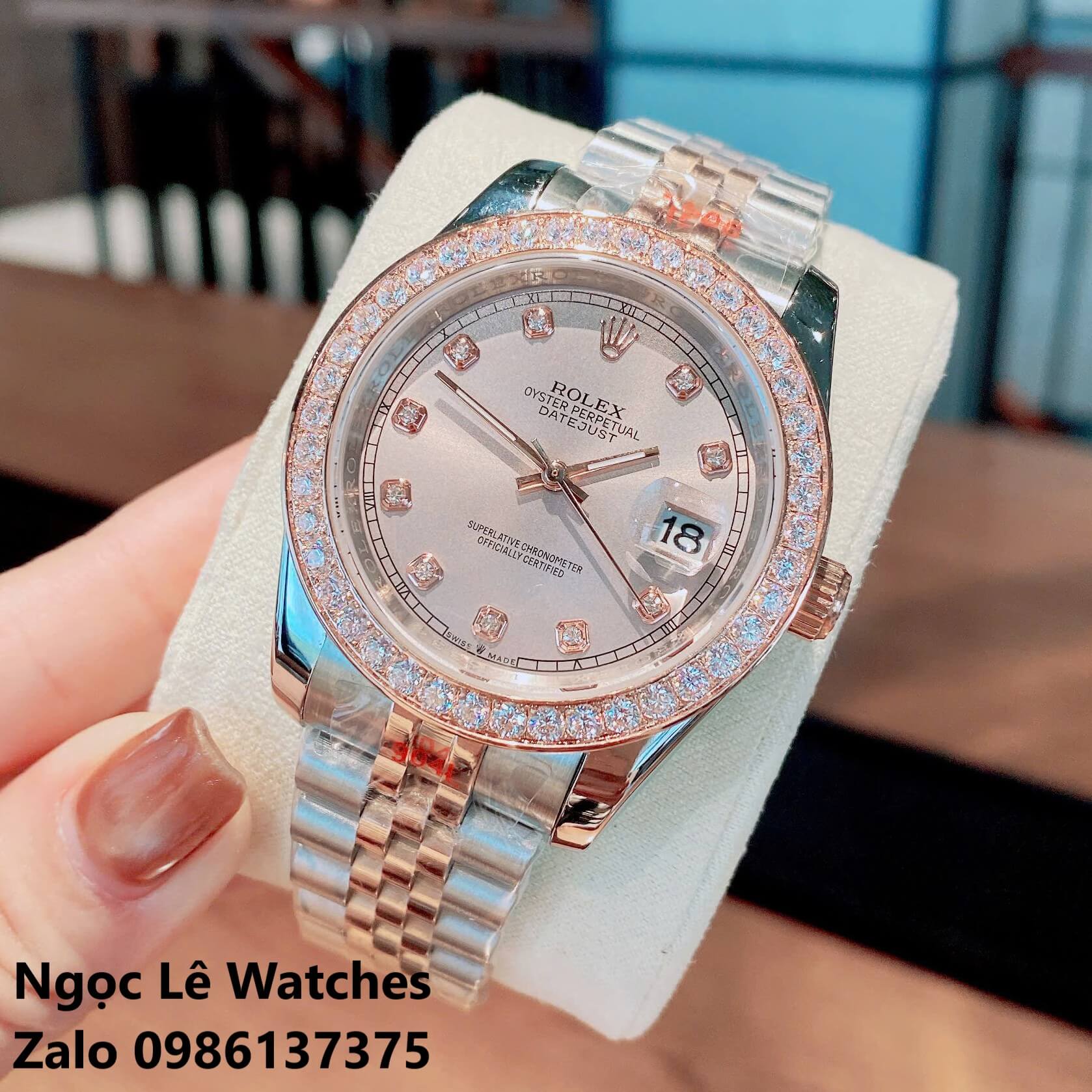 Đồng Hồ Cặp Rolex Datejust Máy Pin Nam Nữ Màu Demi Rose Viền Đá Size 41mm-28mm