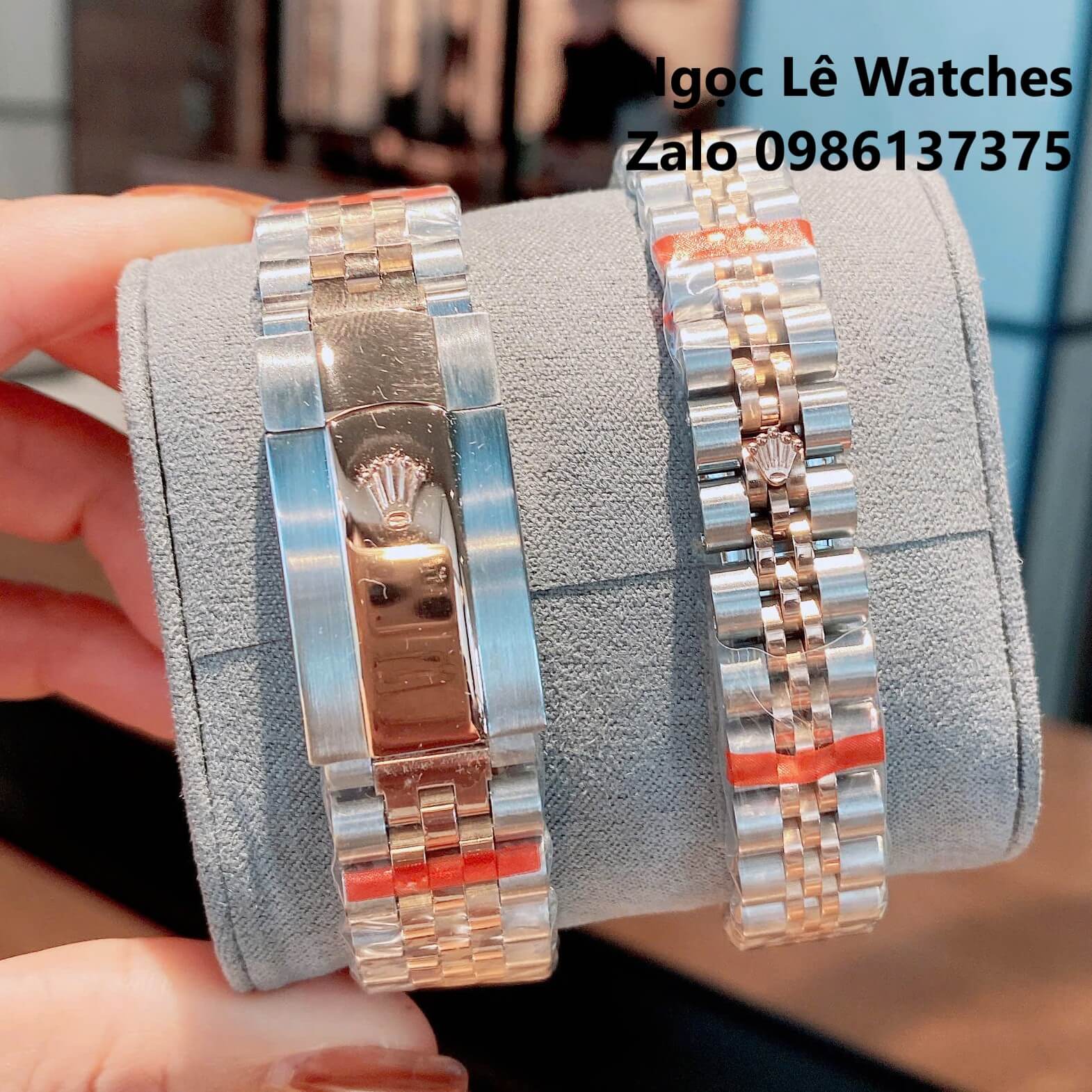 Đồng Hồ Cặp Rolex Datejust Máy Pin Nam Nữ Màu Demi Rose Viền Đá Size 41mm-28mm