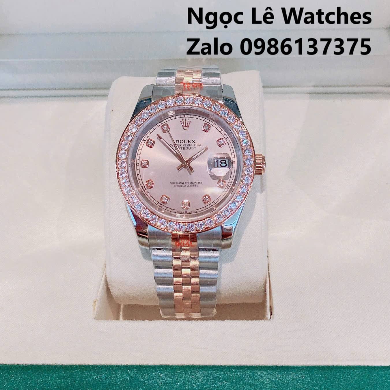 Đồng Hồ Cặp Rolex Datejust Máy Pin Nam Nữ Màu Demi Rose Viền Đá Size 41mm-28mm
