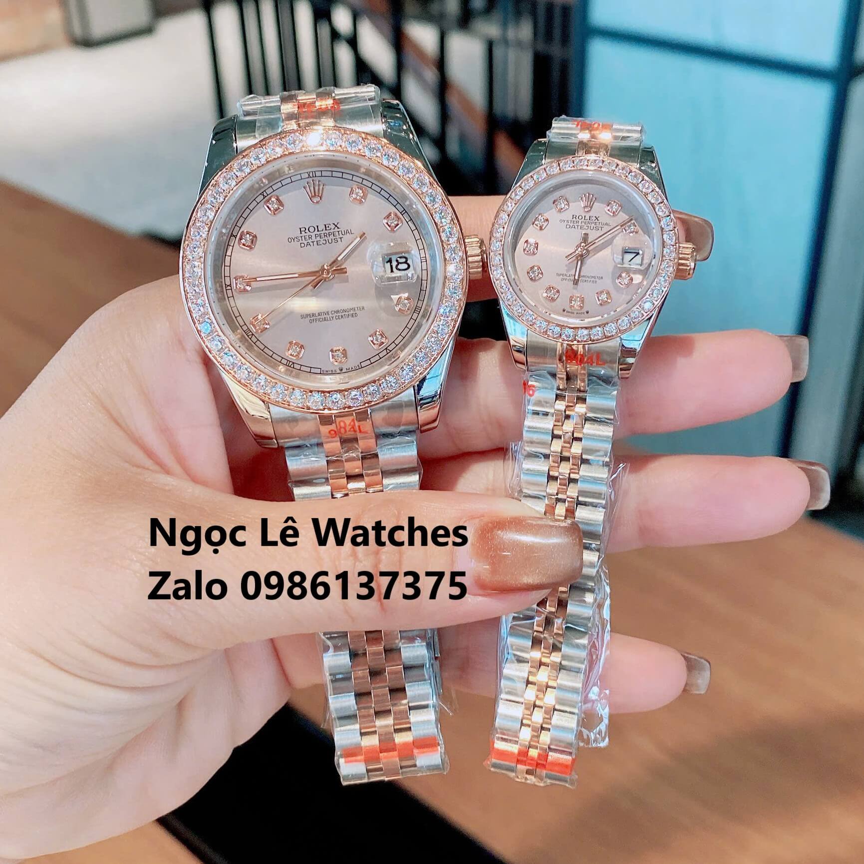 Đồng Hồ Cặp Rolex Datejust Máy Pin Nam Nữ Màu Demi Rose Viền Đá Size 41mm-28mm
