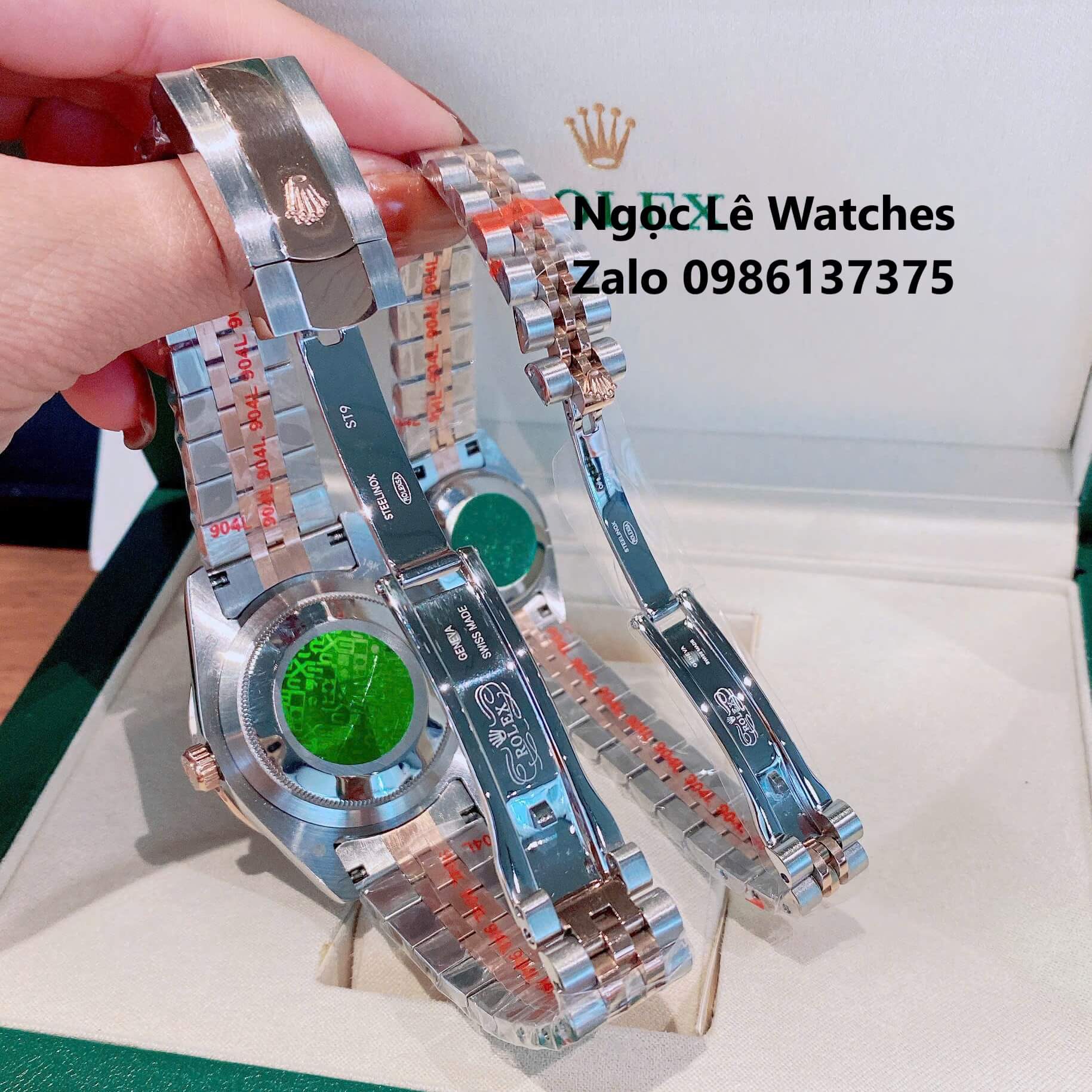 Đồng Hồ Cặp Rolex Datejust Máy Pin Nam Nữ Màu Demi Rose Viền Đá Size 41mm-28mm