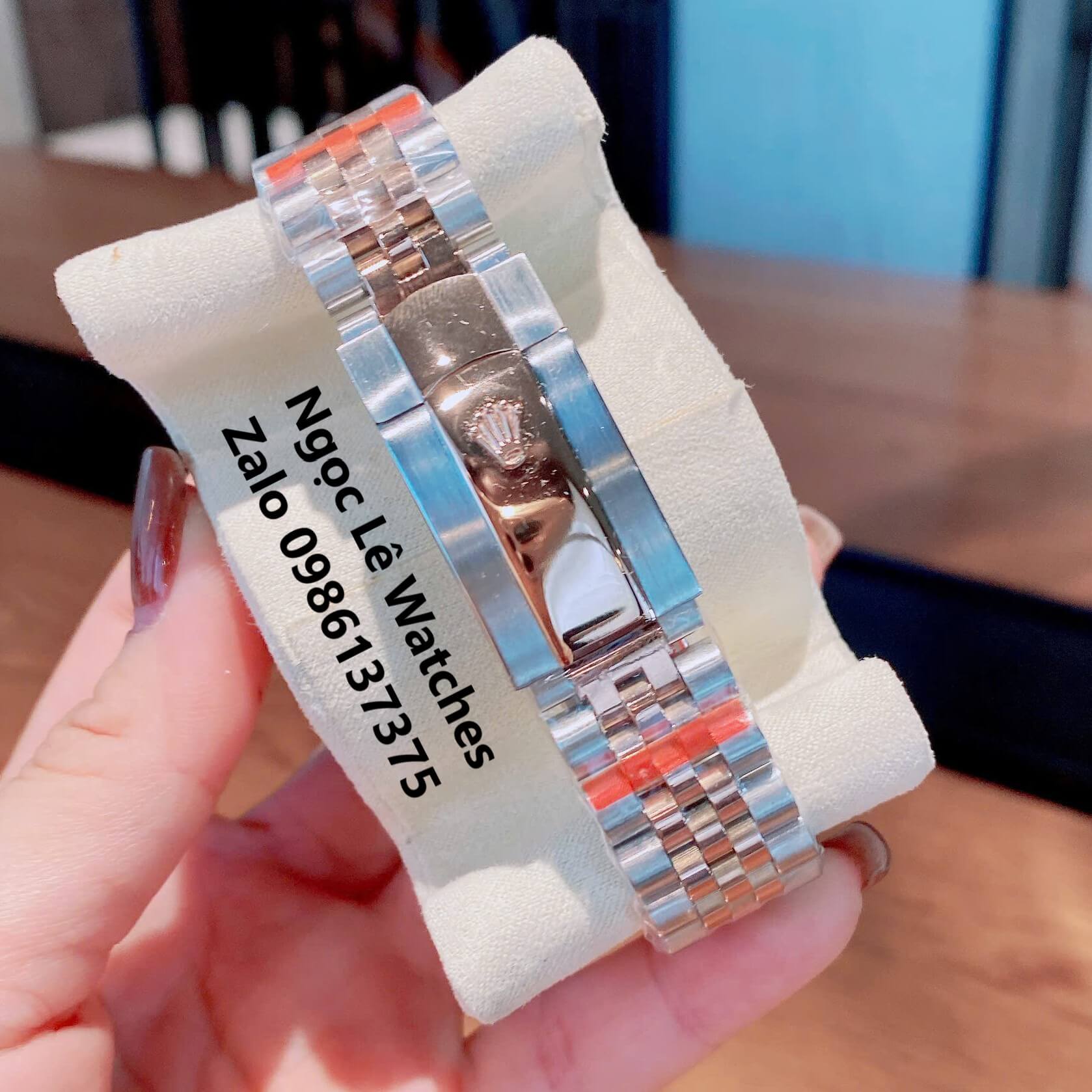 Đồng Hồ Cặp Rolex Datejust Máy Pin Nam Nữ Màu Demi Rose Viền Đá Size 41mm-28mm