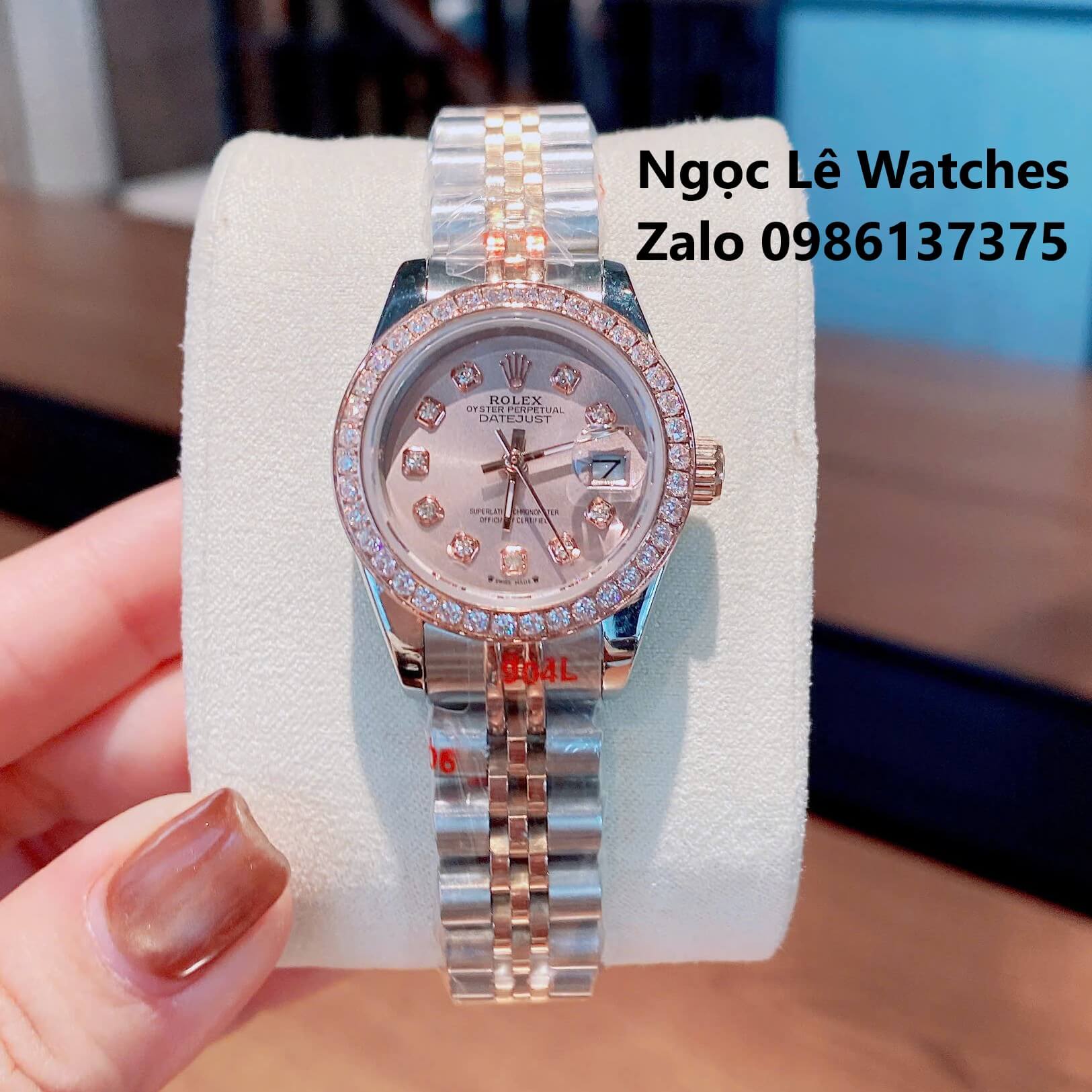 Đồng Hồ Cặp Rolex Datejust Máy Pin Nam Nữ Màu Demi Rose Viền Đá Size 41mm-28mm