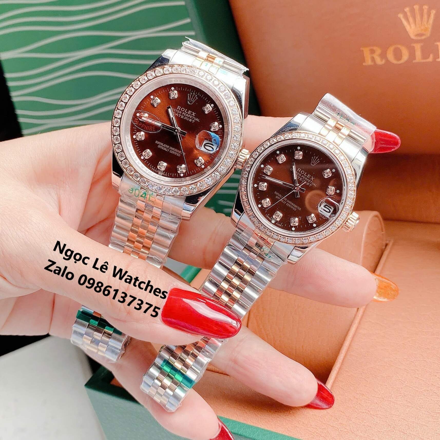 Đồng Hồ Cặp Rolex Datejust Máy Pin Demi Vàng Hồng Mặt Nâu Viền Đá Size 41mm - 31mm
