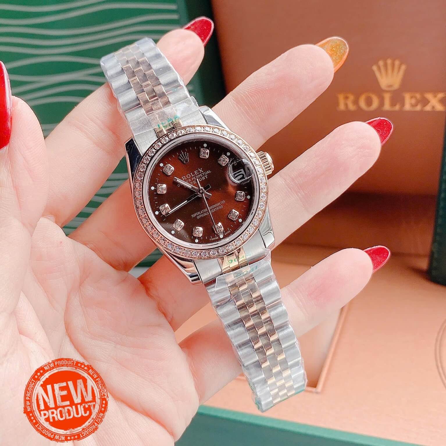 Đồng Hồ Cặp Rolex Datejust Máy Pin Demi Vàng Hồng Mặt Nâu Viền Đá Size 41mm - 31mm