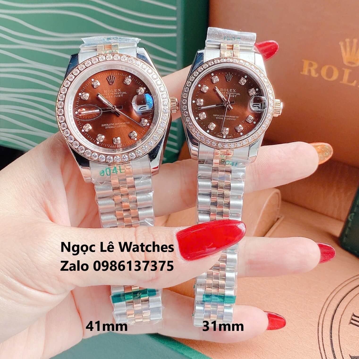 Đồng Hồ Cặp Rolex Datejust Máy Pin Demi Vàng Hồng Mặt Nâu Viền Đá Size 41mm - 31mm