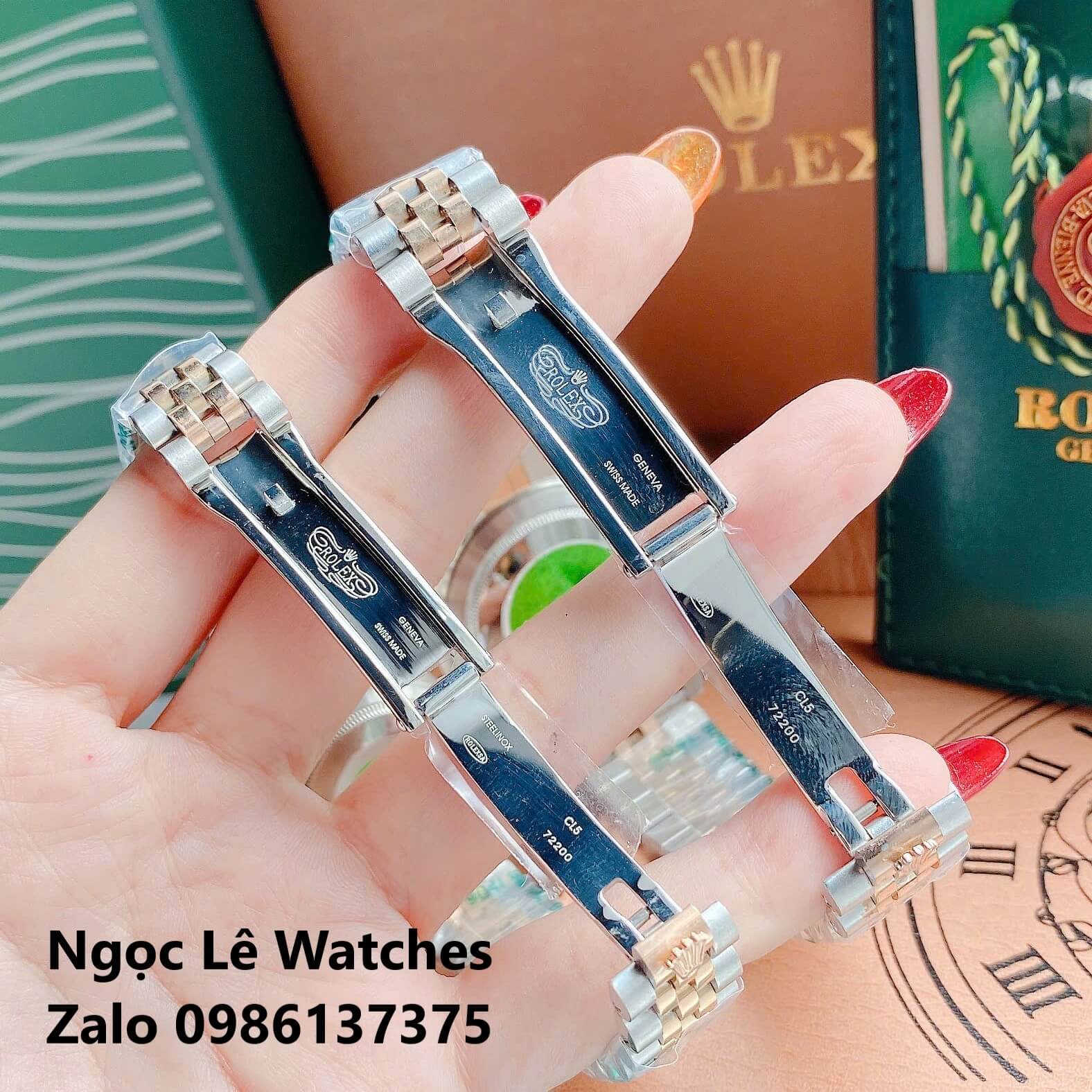 Đồng Hồ Cặp Rolex Datejust Máy Pin Demi Vàng Hồng Mặt Nâu Viền Đá Size 41mm - 31mm