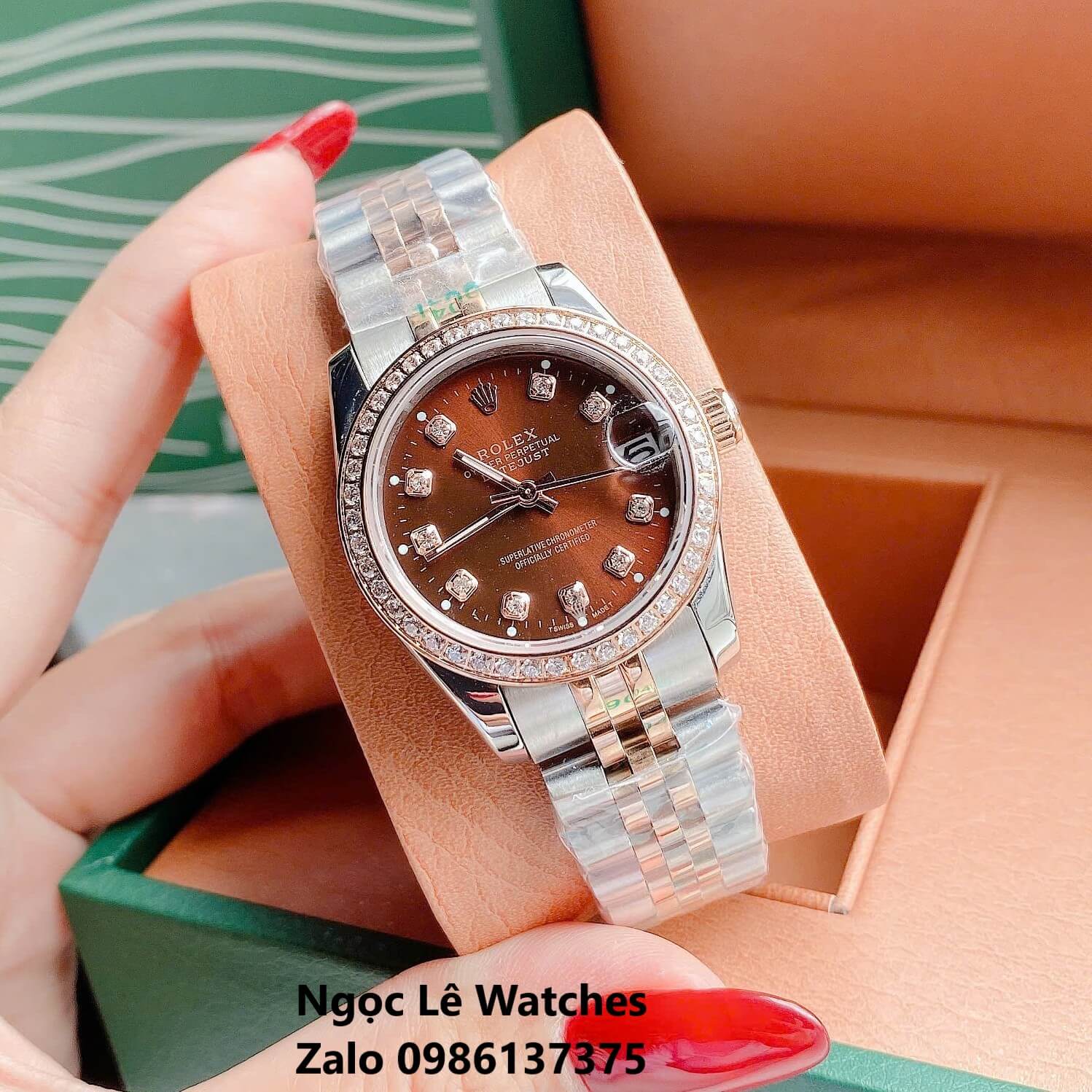 Đồng Hồ Cặp Rolex Datejust Máy Pin Demi Vàng Hồng Mặt Nâu Viền Đá Size 41mm - 31mm