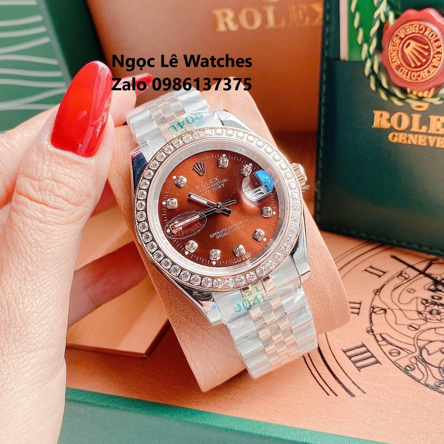 Đồng Hồ Cặp Rolex Datejust Máy Pin Demi Vàng Hồng Mặt Nâu Viền Đá Size 41mm - 31mm