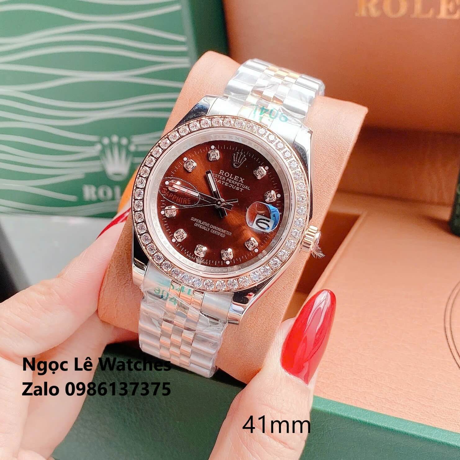 Đồng Hồ Cặp Rolex Datejust Máy Pin Demi Vàng Hồng Mặt Nâu Viền Đá Size 41mm - 31mm