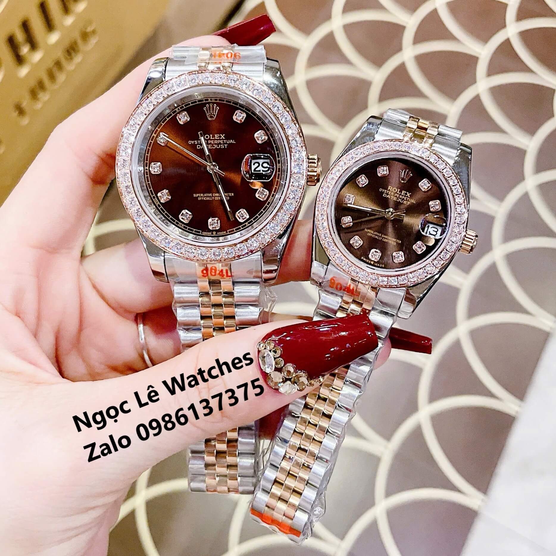 Đồng Hồ Cặp Rolex Datejust Máy Pin Demi Vàng Hồng Mặt Nâu Viền Đá Size 41mm - 31mm