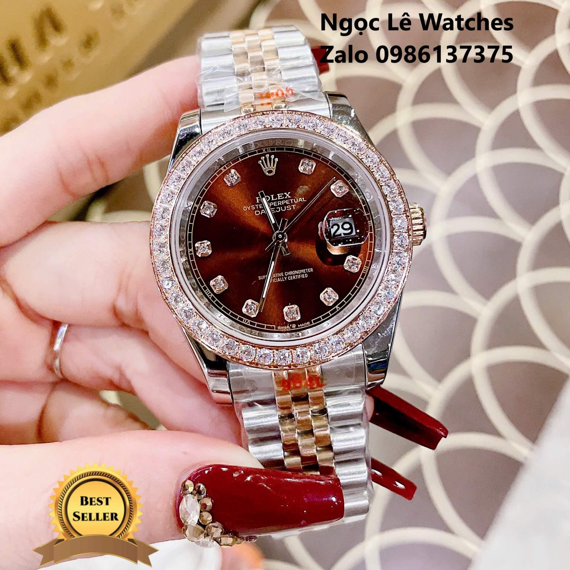 Đồng Hồ Cặp Rolex Datejust Máy Pin Demi Vàng Hồng Mặt Nâu Viền Đá Size 41mm - 31mm