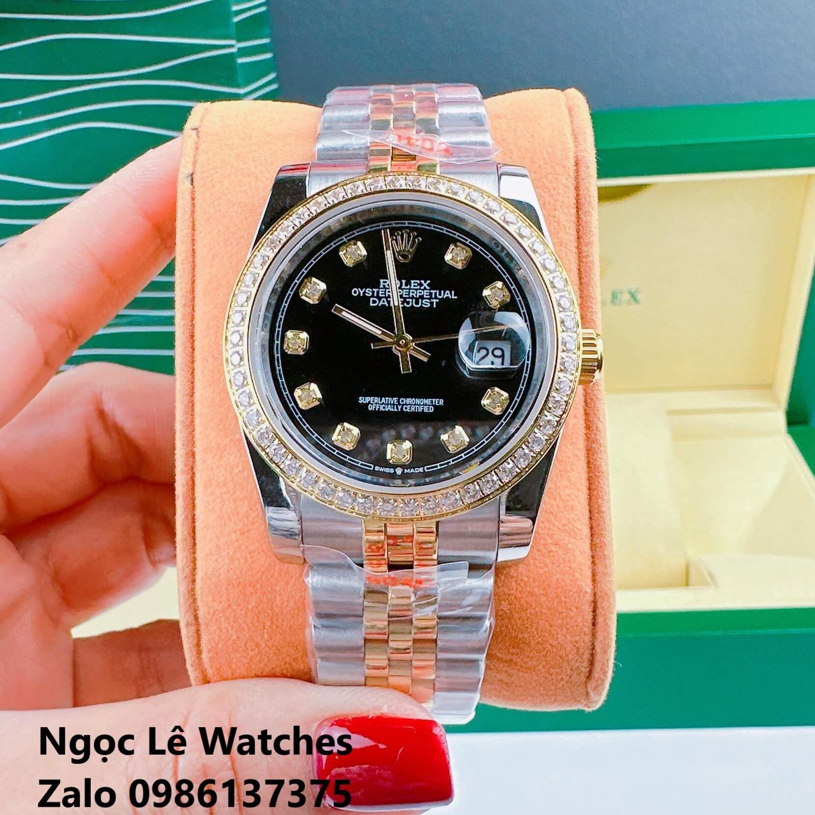 Đồng Hồ Cặp Rolex Datejust Máy Pin Demi Vàng Mặt Đen Viền Đá Size 36mm - 31mm