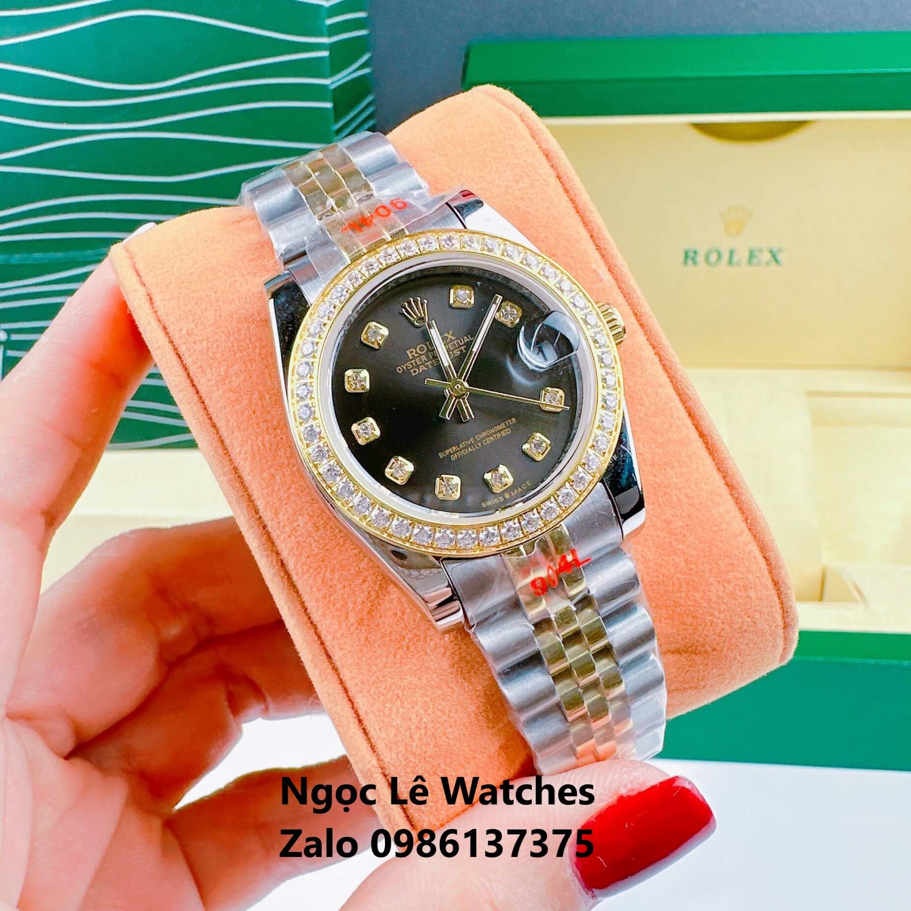 Đồng Hồ Cặp Rolex Datejust Máy Pin Demi Vàng Mặt Đen Viền Đá Size 36mm - 31mm