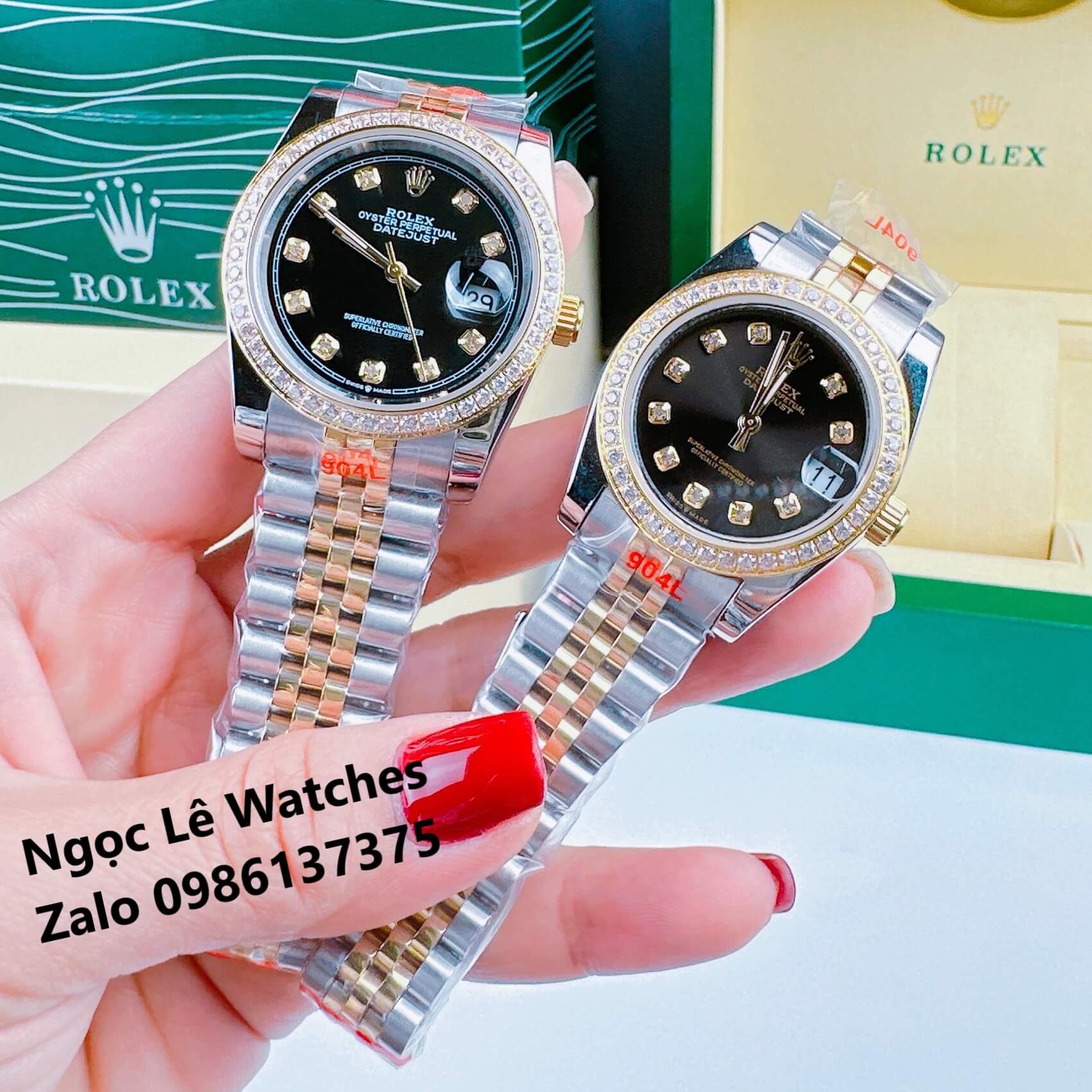 Đồng Hồ Cặp Rolex Datejust Máy Pin Demi Vàng Mặt Đen Viền Đá Size 36mm - 31mm