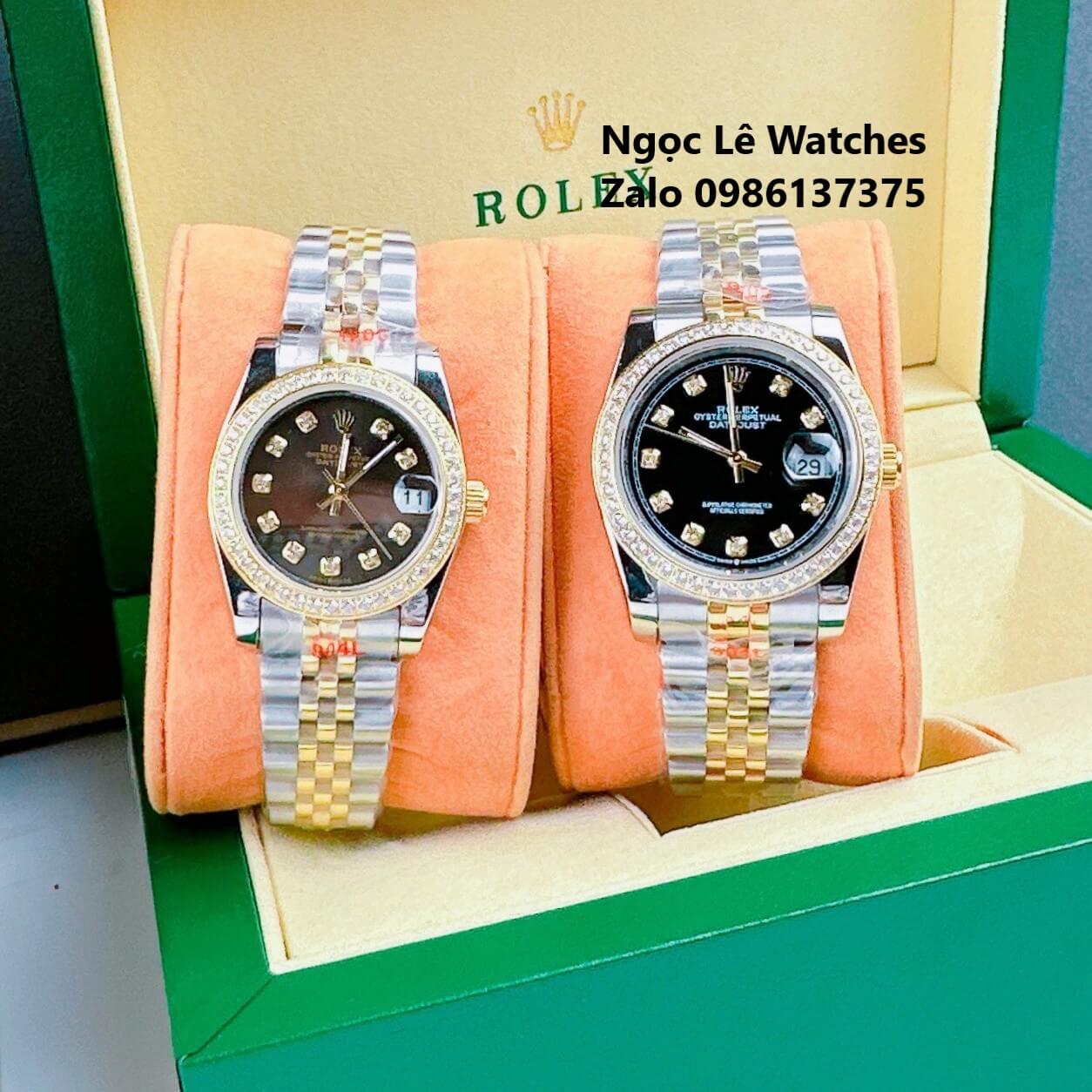 Đồng Hồ Cặp Rolex Datejust Máy Pin Demi Vàng Mặt Đen Viền Đá Size 36mm - 31mm