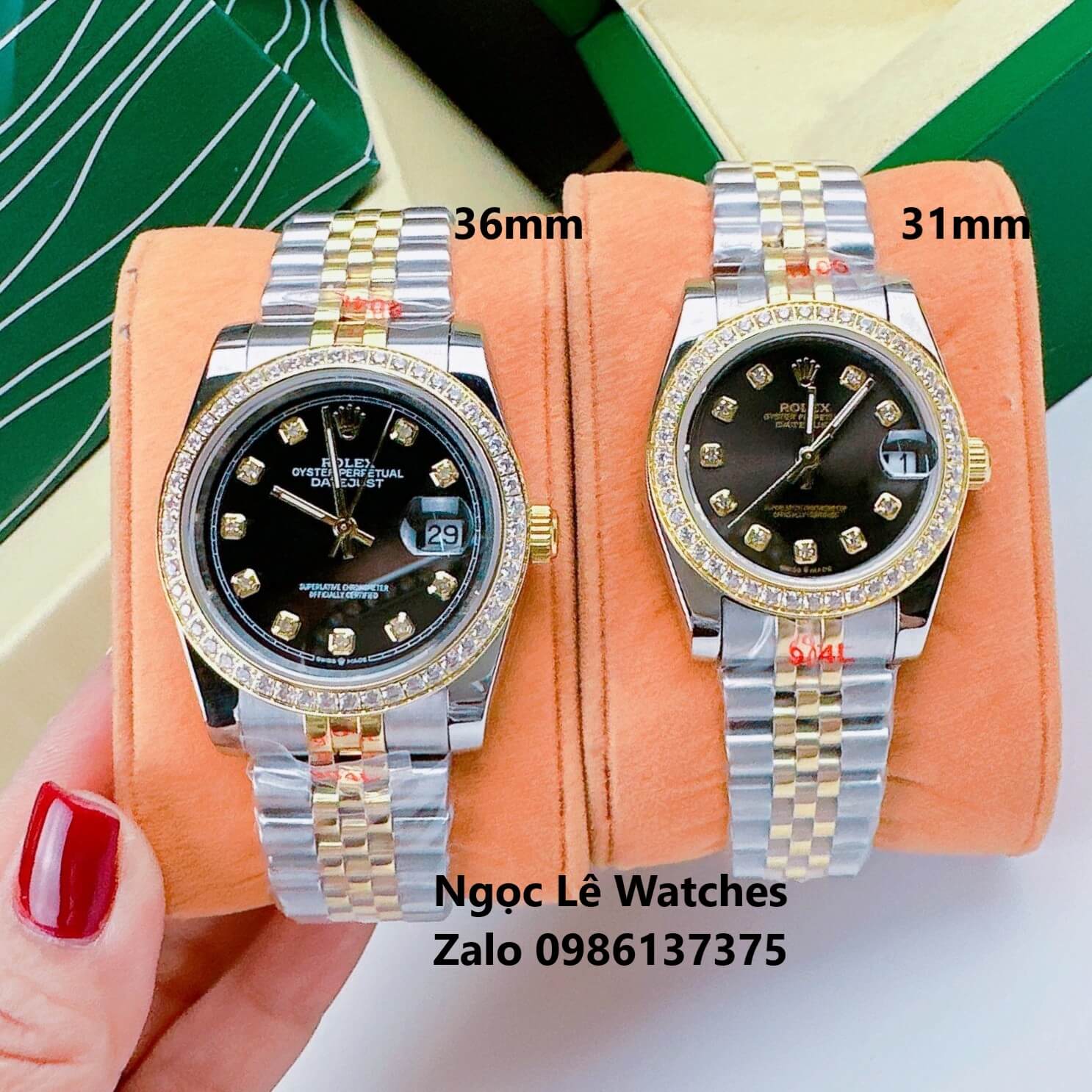 Đồng Hồ Cặp Rolex Datejust Máy Pin Demi Vàng Mặt Đen Viền Đá Size 36mm - 31mm