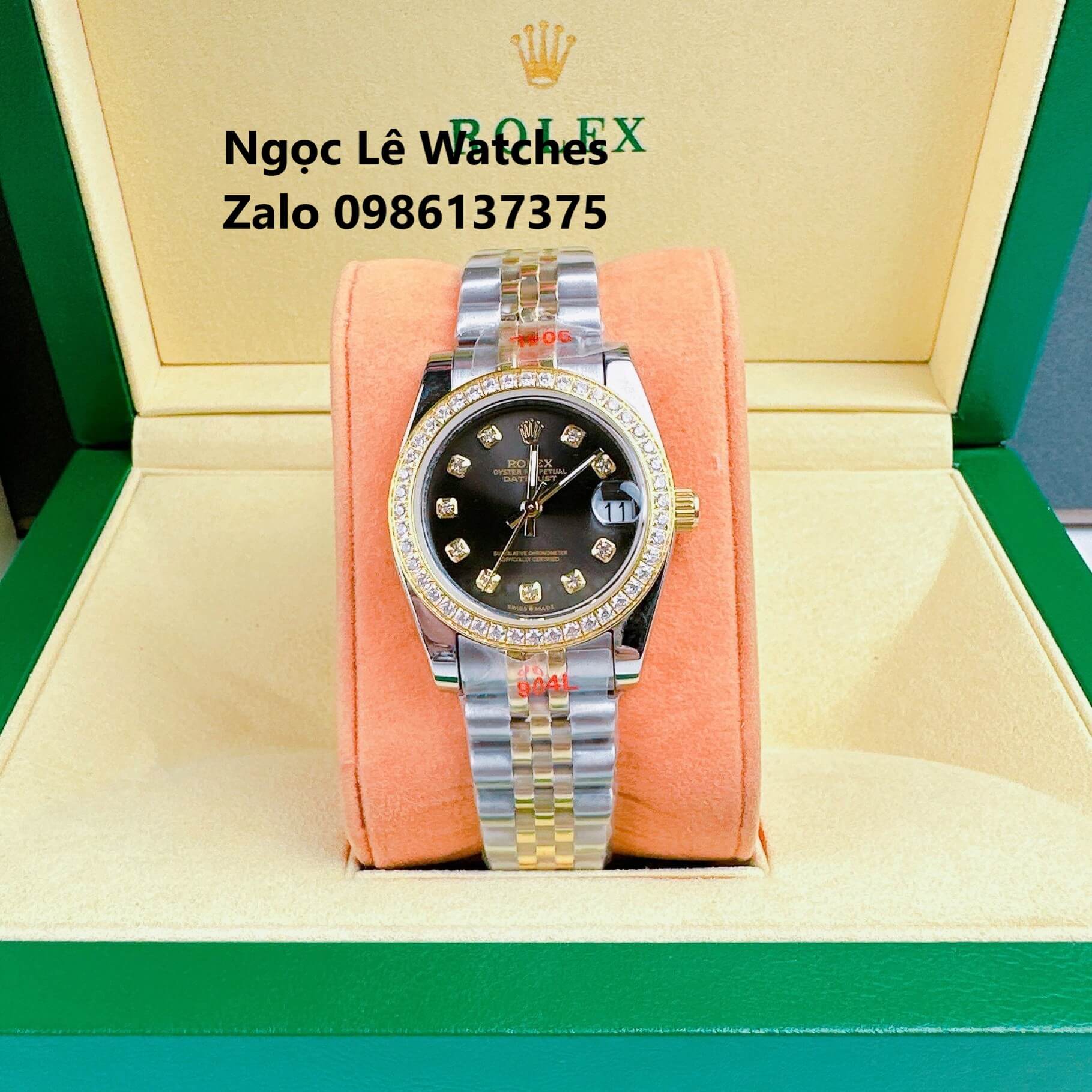 Đồng Hồ Cặp Rolex Datejust Máy Pin Demi Vàng Mặt Đen Viền Đá Size 36mm - 31mm