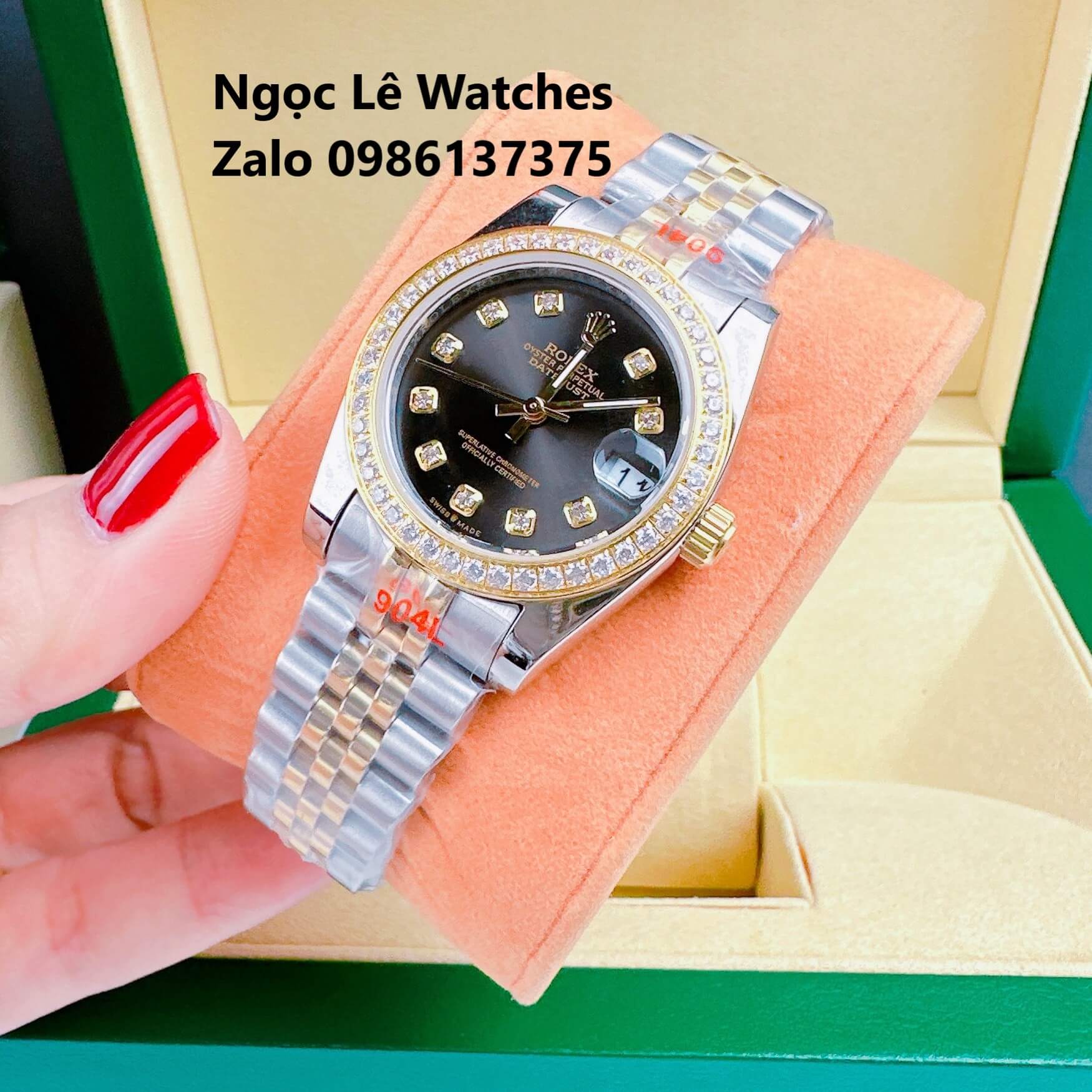 Đồng Hồ Cặp Rolex Datejust Máy Pin Demi Vàng Mặt Đen Viền Đá Size 36mm - 31mm