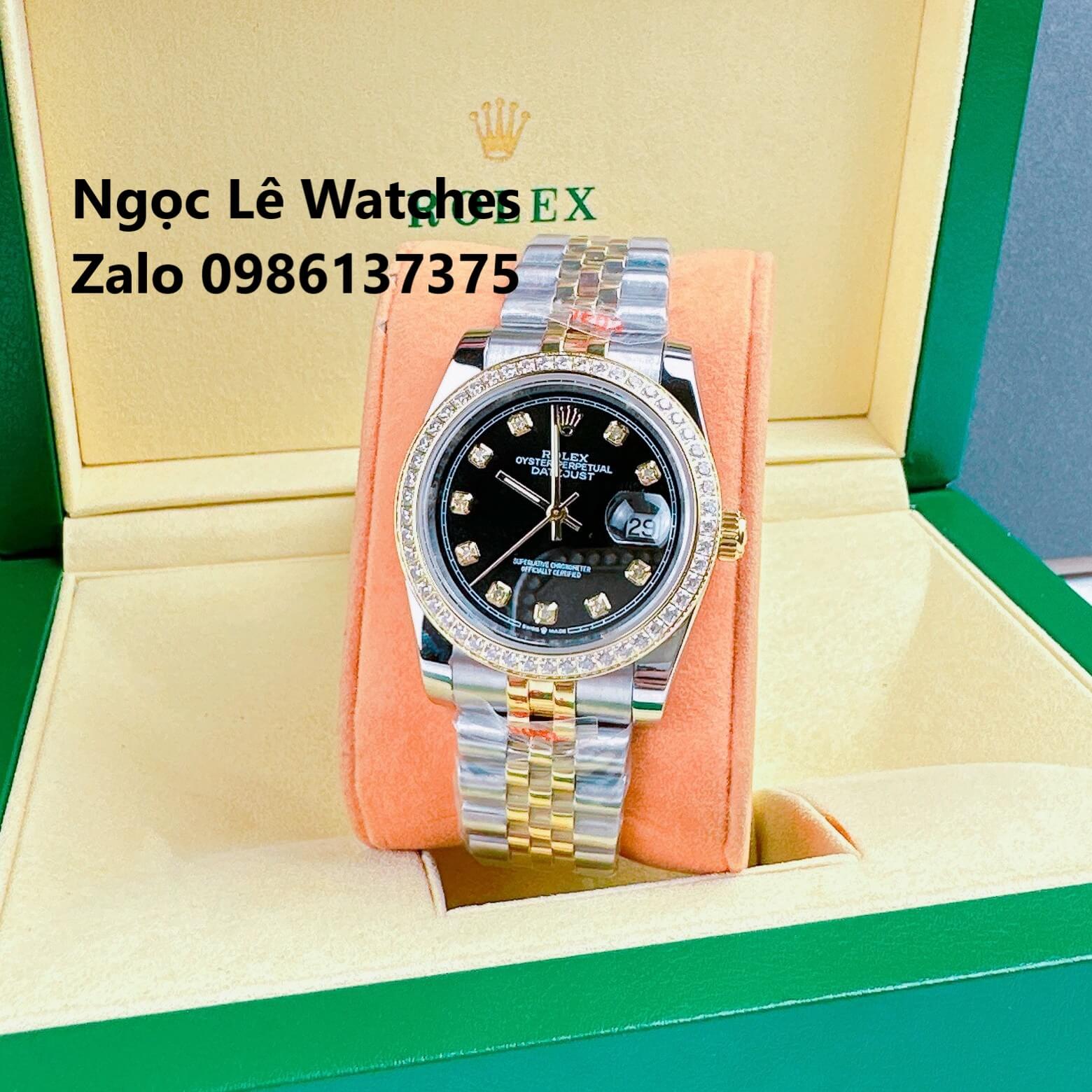 Đồng Hồ Cặp Rolex Datejust Máy Pin Demi Vàng Mặt Đen Viền Đá Size 36mm - 31mm