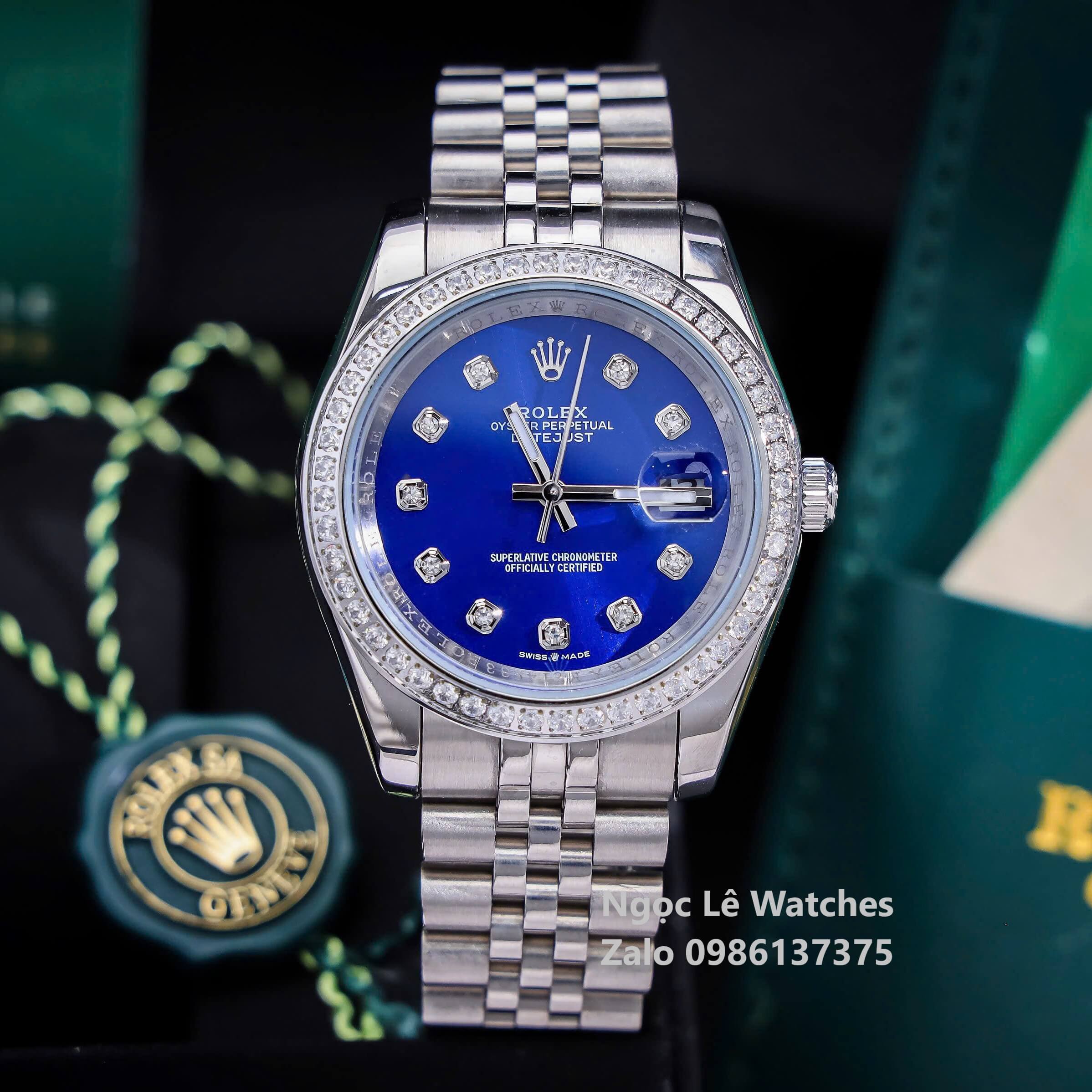 Đồng Hồ Cặp Rolex Datejust Máy Pin Màu Bạc Mặt Xanh Navy Viền Đá Size Nam 41mm Nữ 31mm