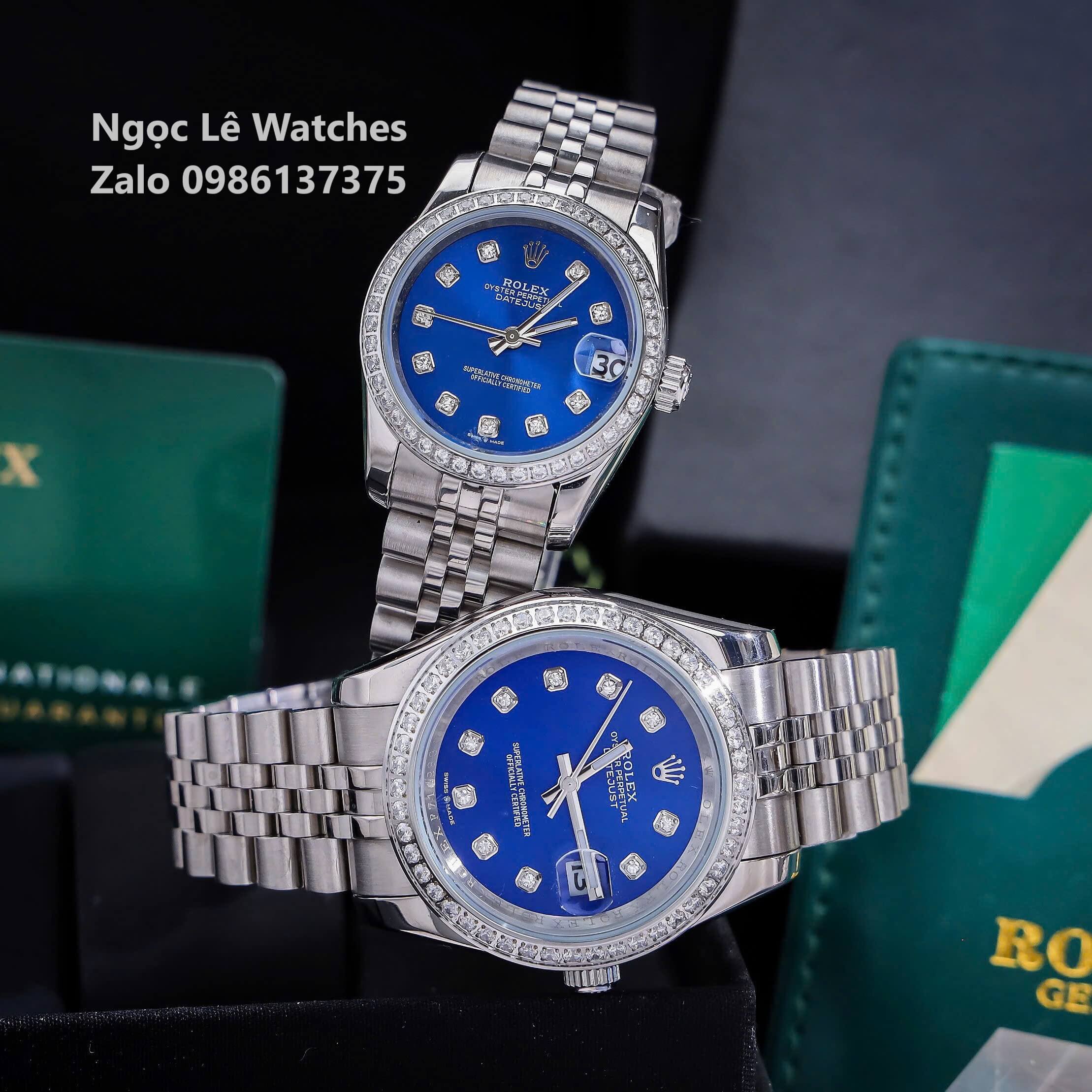 Đồng Hồ Cặp Rolex Datejust Máy Pin Màu Bạc Mặt Xanh Navy Viền Đá Size Nam 41mm Nữ 31mm