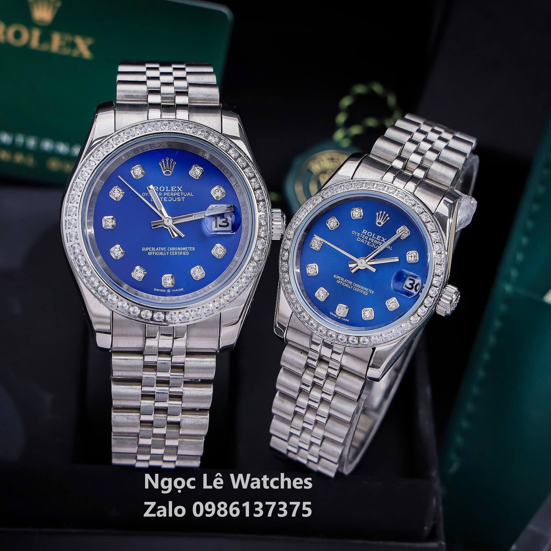 Đồng Hồ Cặp Rolex Datejust Máy Pin Màu Bạc Mặt Xanh Navy Viền Đá Size Nam 41mm Nữ 31mm